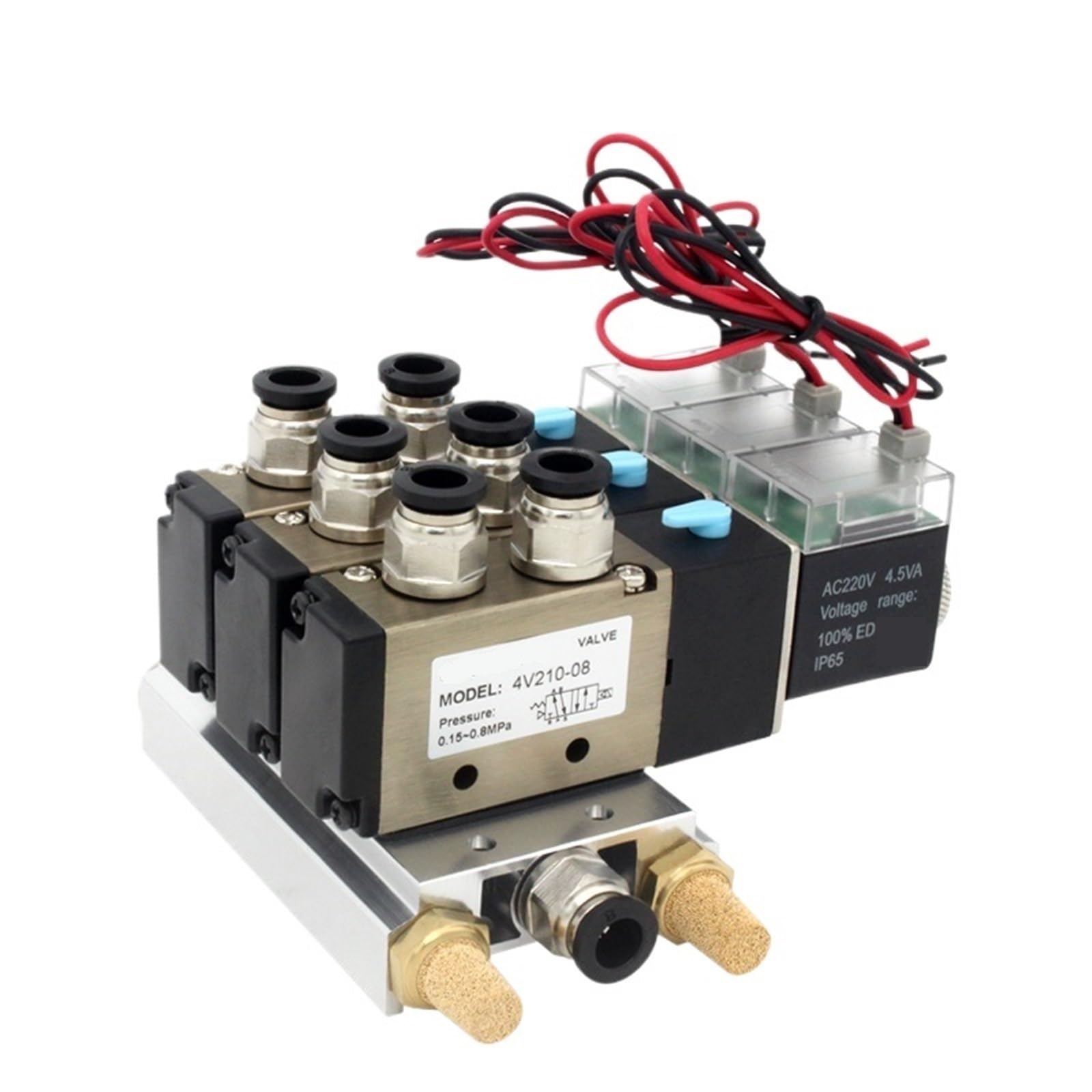 4V210-08 Lot de 10 silencieux à électrovanne quadruple 5 positions en aluminium 2 positions 24 V 12 V AC 220 V AC 110 V (DC24 V 8 mm, 10 stations)