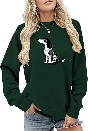 LOAIHA Womens Deep Green Angel Wings Print Sweatshirt Crewneck Cotton Blend Hooded Streetwear Loose Top with Pocket