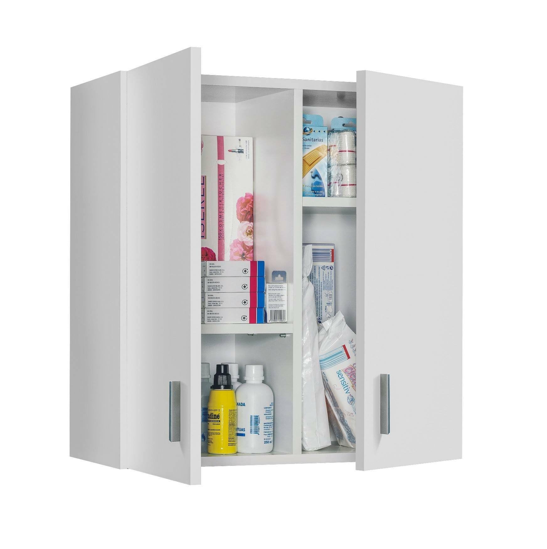 Dmora - Mobile pensile Detroit, Armadio ausiliare a 2 ante, Armadietto multiuso da bagno o lavanderia, 59x27h60 cm, Bianco