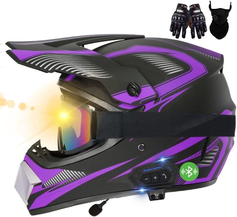 Casques Moto Cross Bluetooth, ECE Homologué, Casques De Motocross avec Gants/Lunettes/Masque, Confortable Et Ventilé, Sûr, Convient pour Motocross, VTT, Cross-Bike, BMX B,M57-58CM
