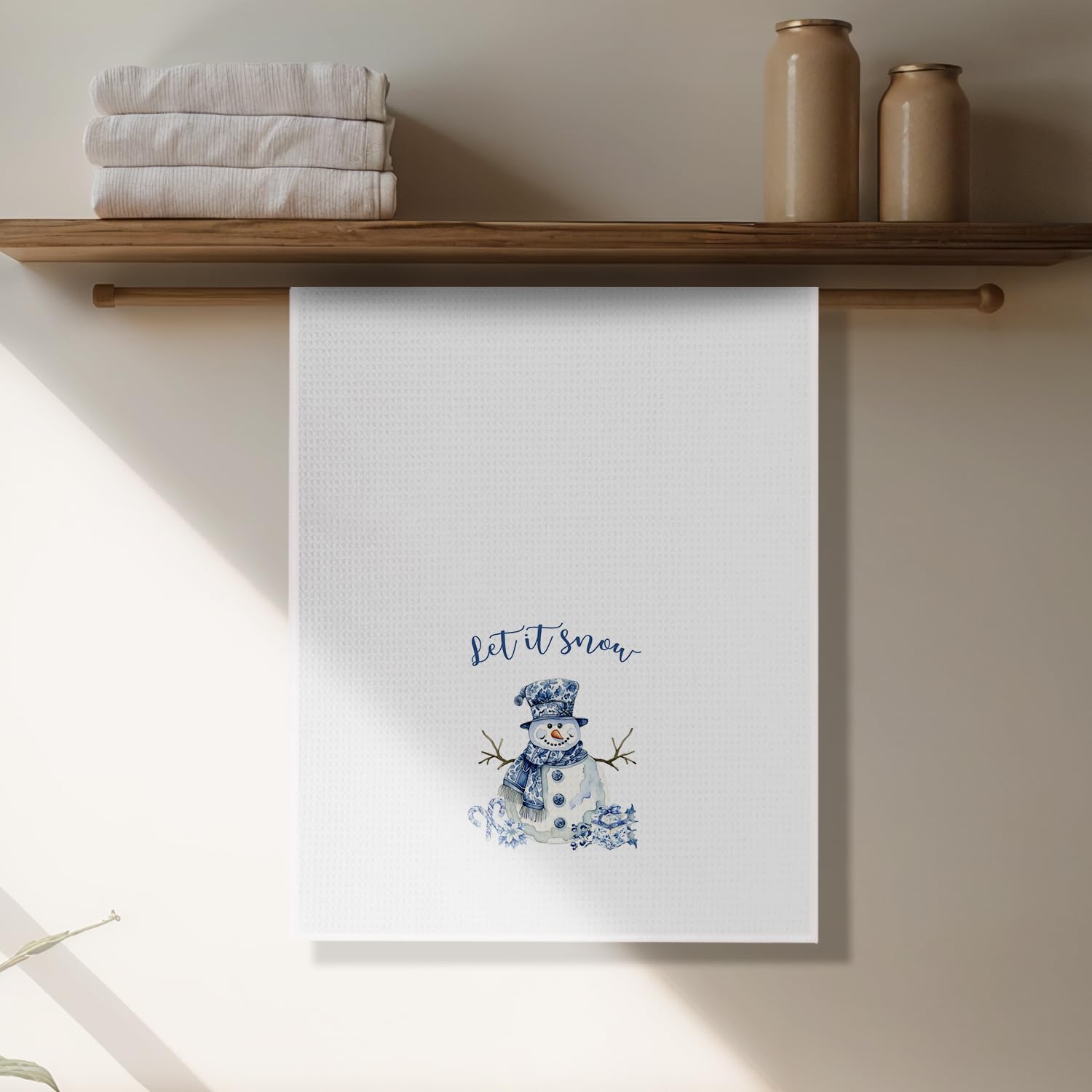 Chinoiserie Snowman Winter Kitchen Towels, Blue and White Christmas Snowman Dish Tea Towels, Snow Christmas Decorative Hand Towel for Kitchen Bathroom, 16x24 Inch - Image 2