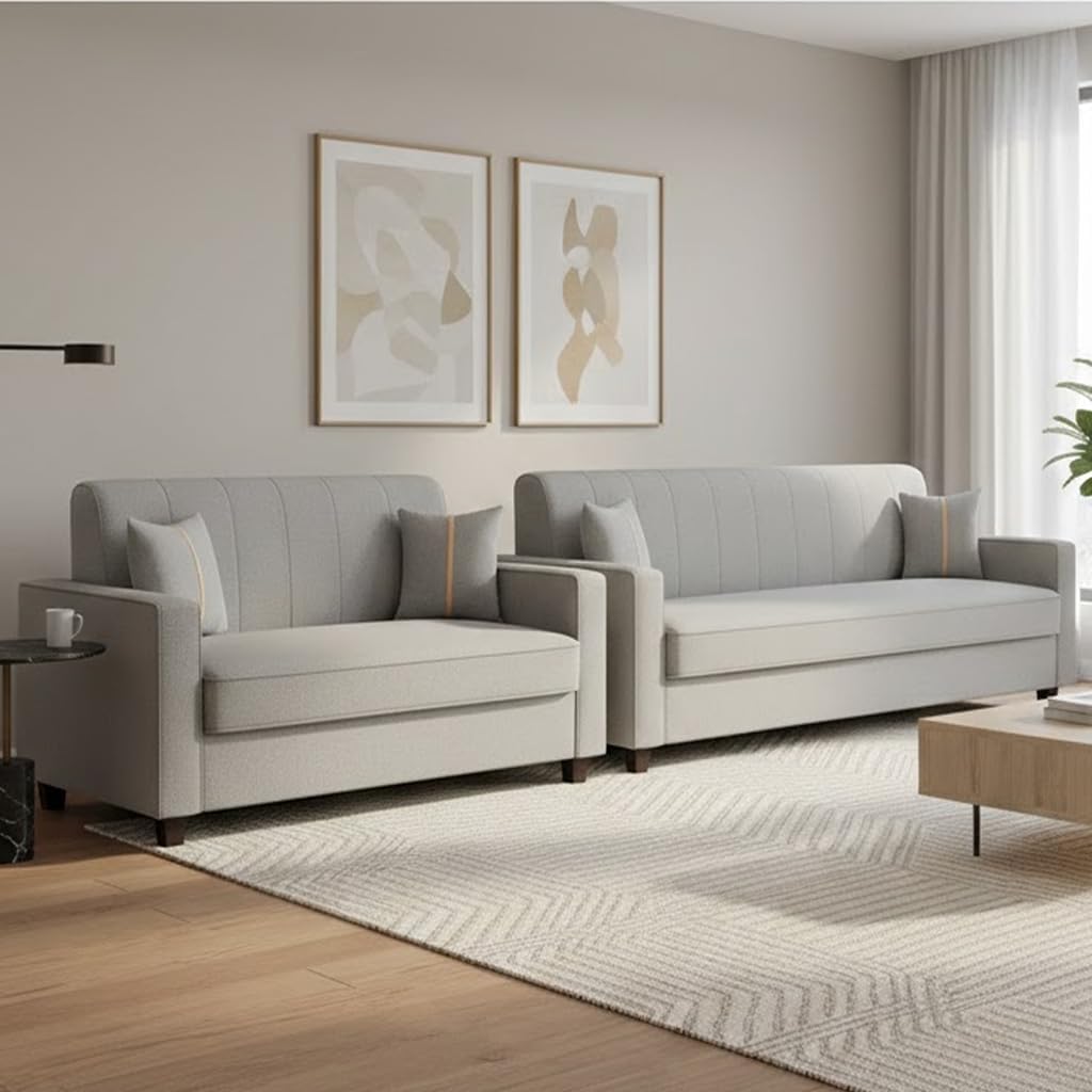 FURNY Cosmos 5 Seater Fabric 3+2 Sofa Set (Light Grey Color) Premium Velvet Finish | Durable Comfort | Ideal for Living Room