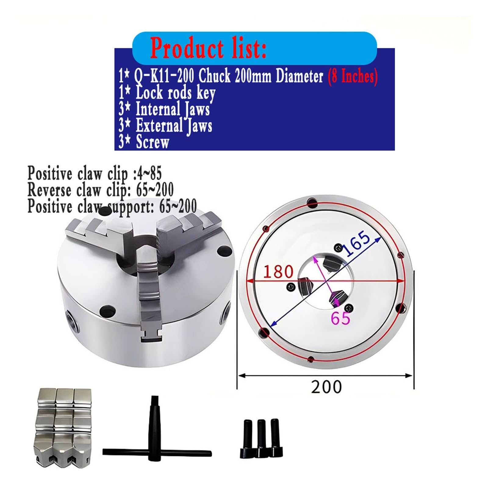 Rodamientos de husillo de Torno Portabrocas de Torno autocentrante, Garra 3 mandíbulas, Desplazamiento Metal Manual for fresadora perforación, Carga Frontal/Carga Trasera(Q-K11-200-Front Load)