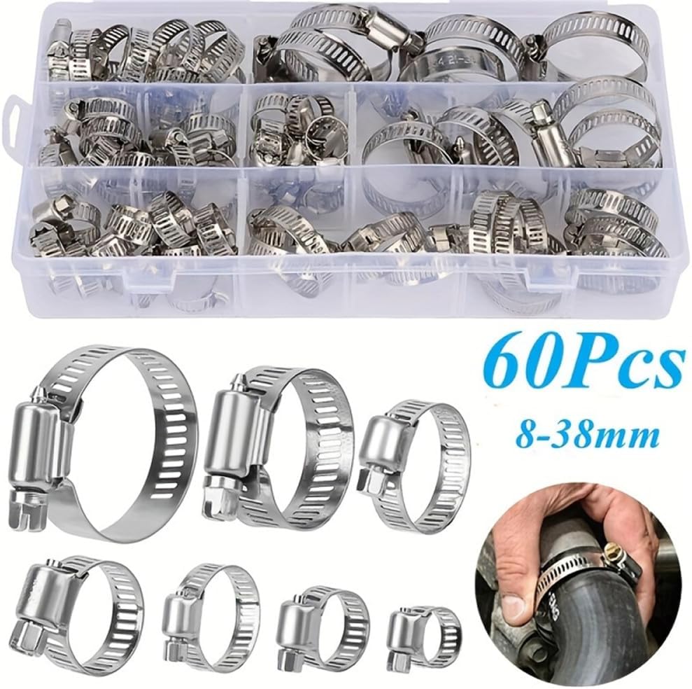 60PCS Stainless Steel Hose Clamp Kit,8-38mm Adjustable Worm Gear Clamps for Pipe/Hose Connections,60pcs