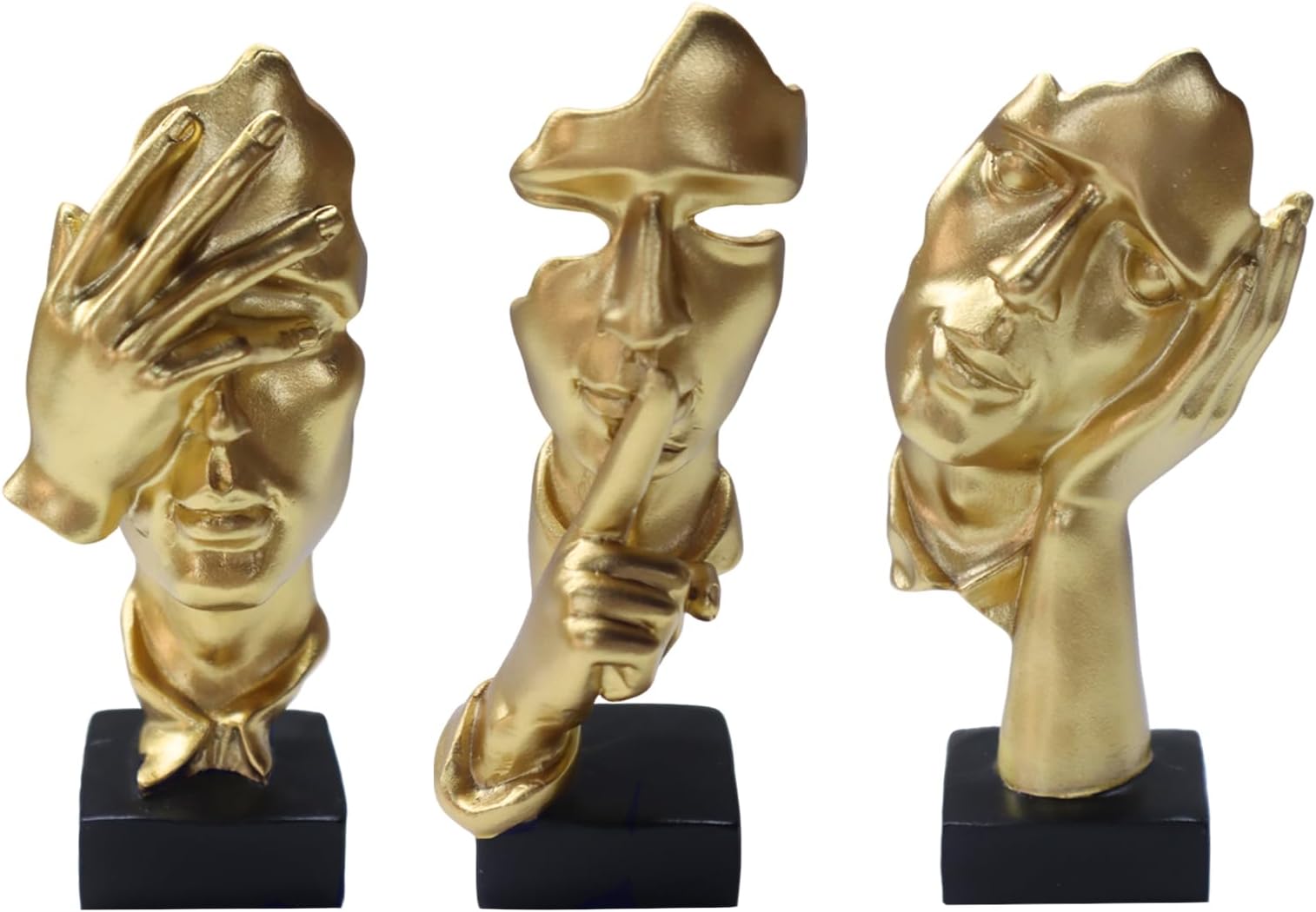 aboxoo Large Size 3 Pcs Thinker Statue, Silence is Gold, See No Evil Hear No Evil Speak No Evil Statues, Modern Resin Sculptures Decor for Living Room Home, Office, Study (Gold)