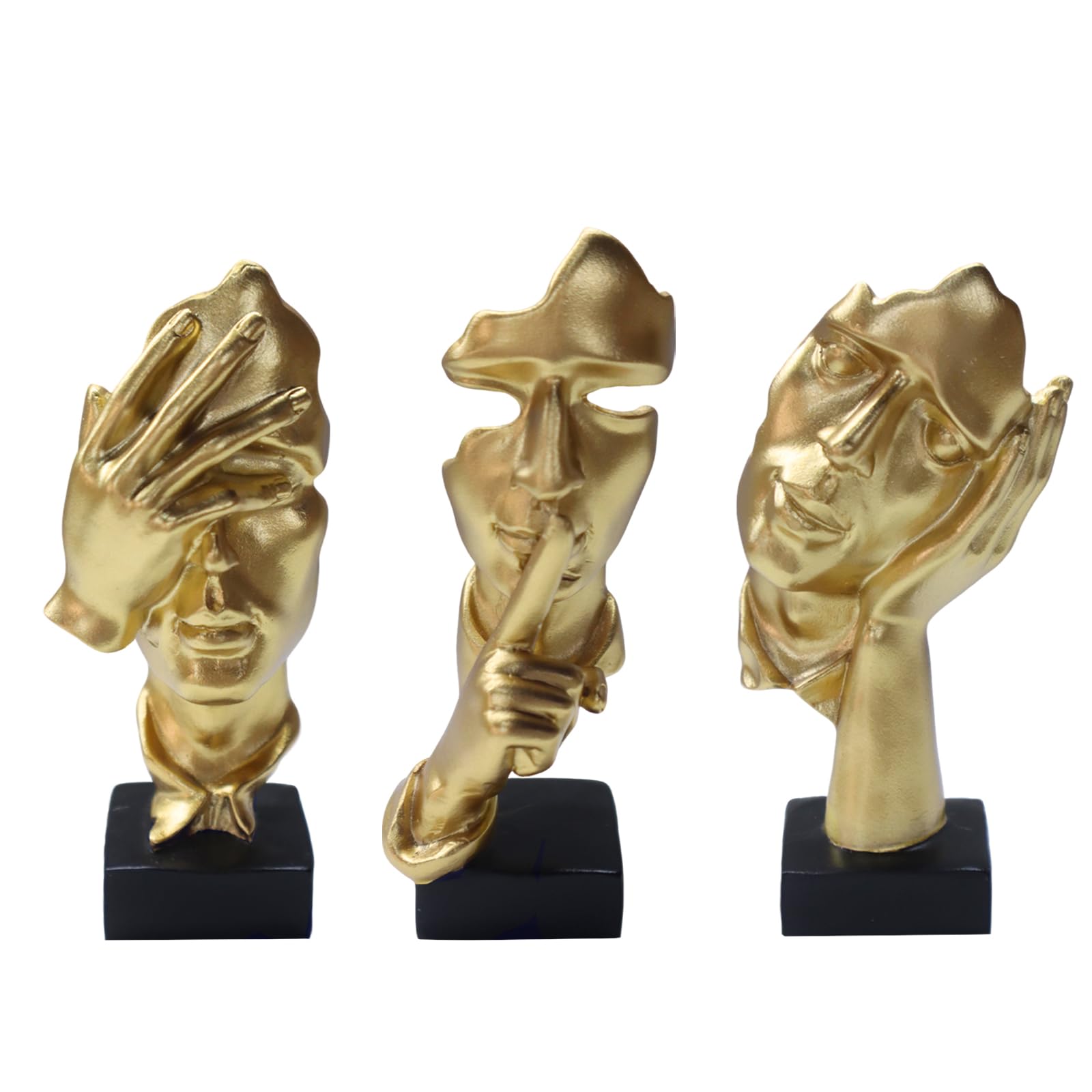 aboxoo 3 Pcs Thinker Statue, Silence is Gold Abstract Art Figurine, No Hear No See No Speak Modern Home Resin Sculptures Decorative Objects Modern Decor for Creative Room Home, Office Study (Gold)