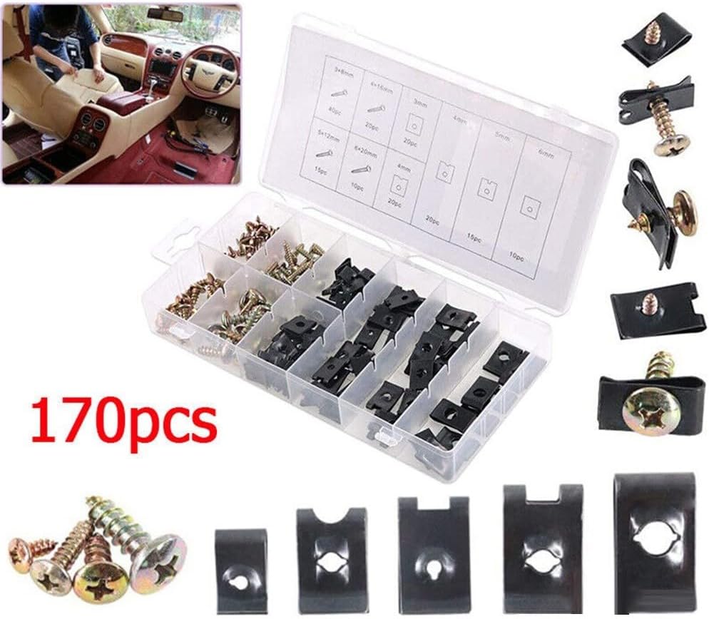 170-Piece U-Clip Nut and Screw Kit for Automotive Interior Trim, Dashboard, Door Panel, and Bumper – Metal Fastener Set for Cars and Trucks (For Most Vehicles)