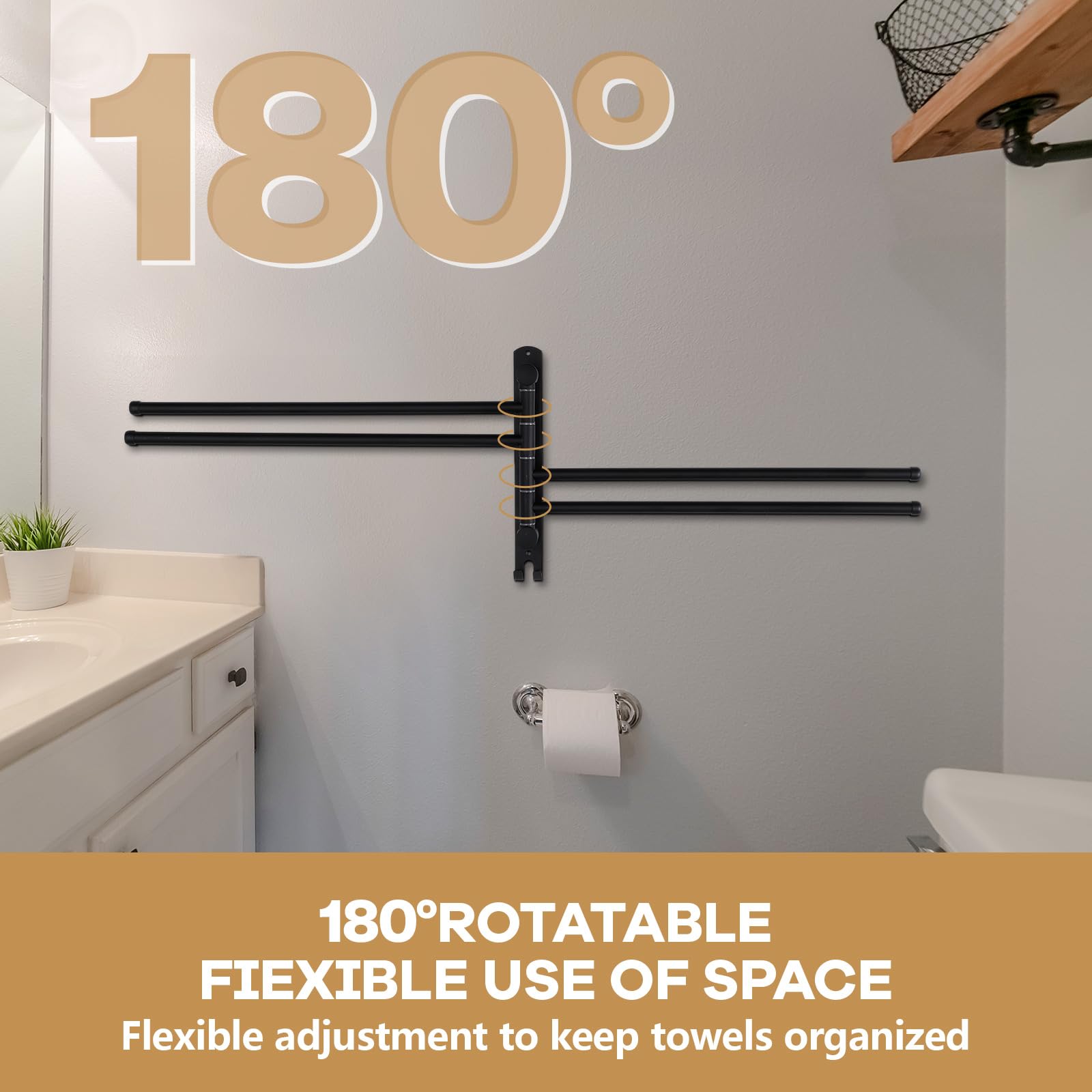 Swivel Towel Rack – Wall Mount Folding 4-Arm Swing Out Bar, Stainless Steel Hand Towel Holder For Bathroom, Kitchen, Or Laundry (Matte Black)
