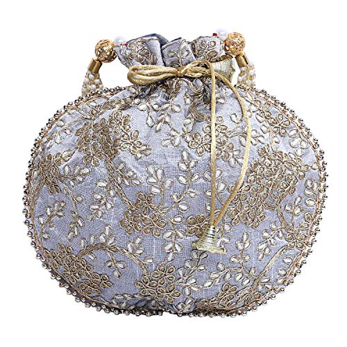 Eyesart Grey Embroidered Potli Bag with Pearls & Sequin