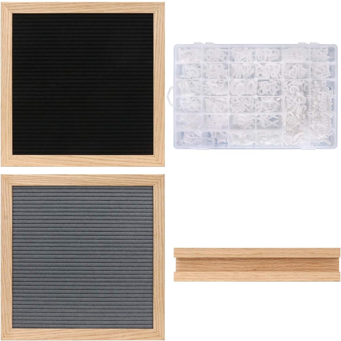 Double Sided Letter Board with Letters and Numbers,646 PRE-Cut Characters (3/4 and 1 Inch,White) with Sorting Tray,Oak Frame Wooden Felt Letter Board with Stand 12&12 Inches - Black and Gray
