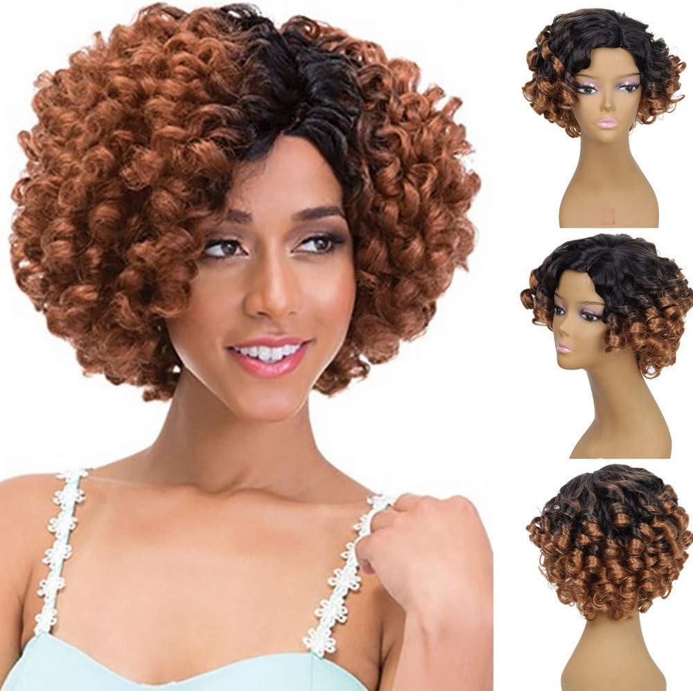 Onefa Health & Beauty Hair Wig Women Fashion Lady Gradient Short Curls Hair Cosplay Party Wig (Brown)