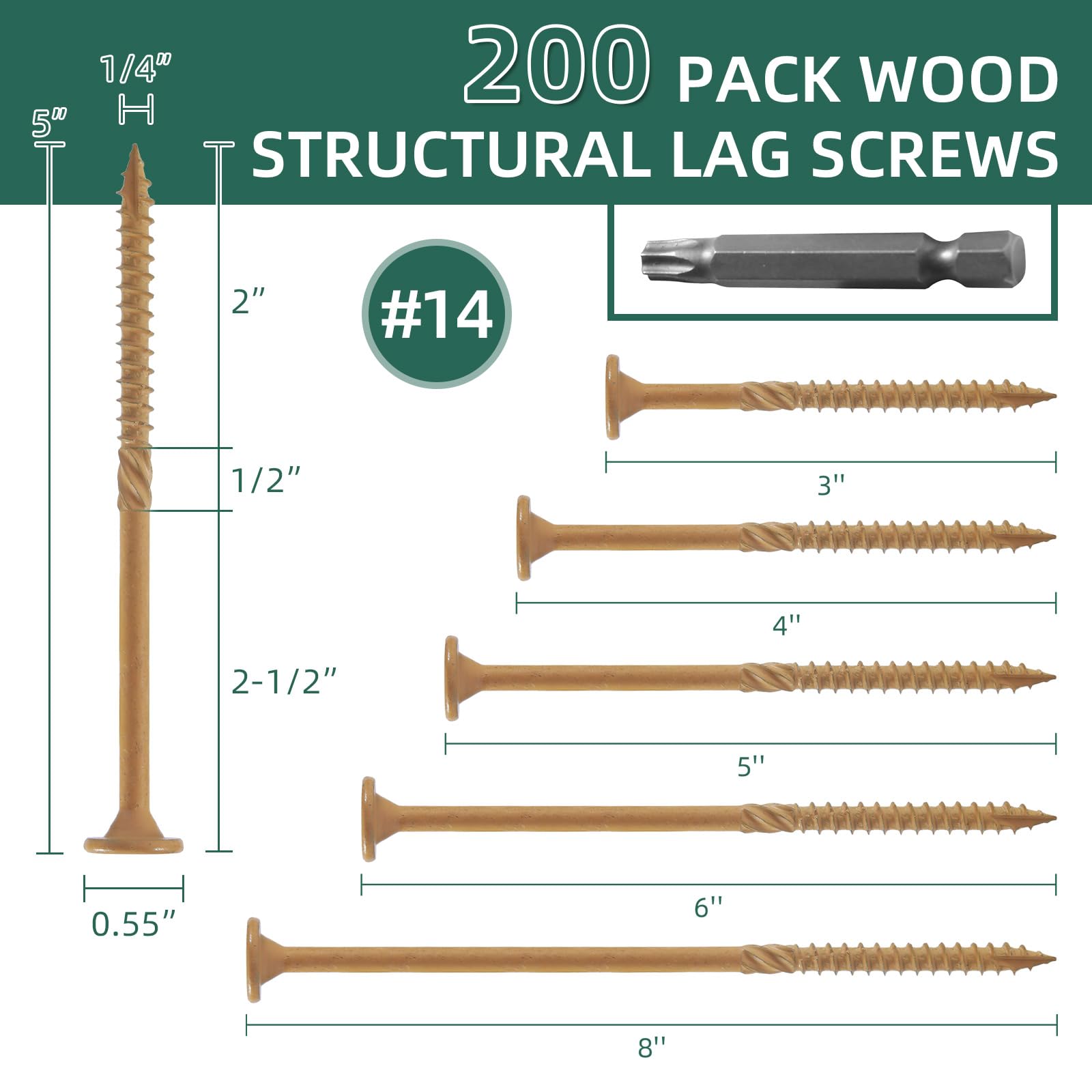 Tornillos de retraso #14 x 5 (200 piezas), tornillo de madera estructural, tornillos de retraso con revestimiento exterior resistente para madera, tornillos de cubierta con broca de estrella
