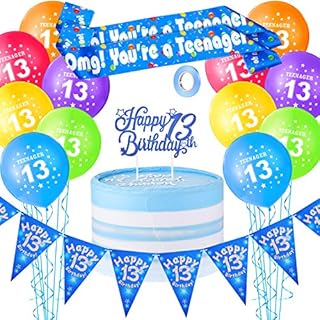 13th Birthday Decorations Set, Includes 12 Inches Teenager Birthday Balloons 13th Birthday Latex Balloons, Happy 13th Birthday Bunting Banner, 13th Birthday Cake Topper and 13th Birthday Sash (Blue)
