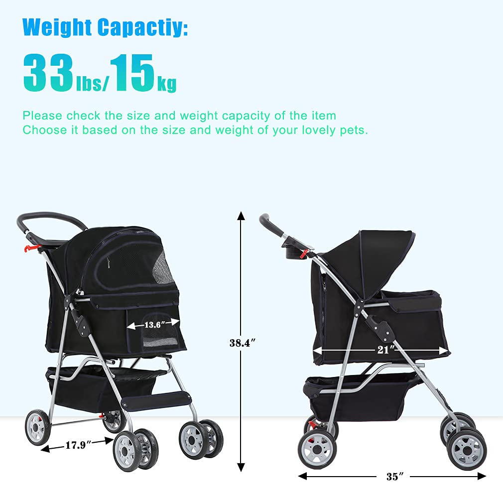BestPet 4 Wheels Pet Stroller Cat Dog Cage Stroller Travel Folding Carrier with Cup Holders, Large Storage Basket, Weather Cover Removable Liner for Small-Medium Dog, Cat,Black : Pet Supplies