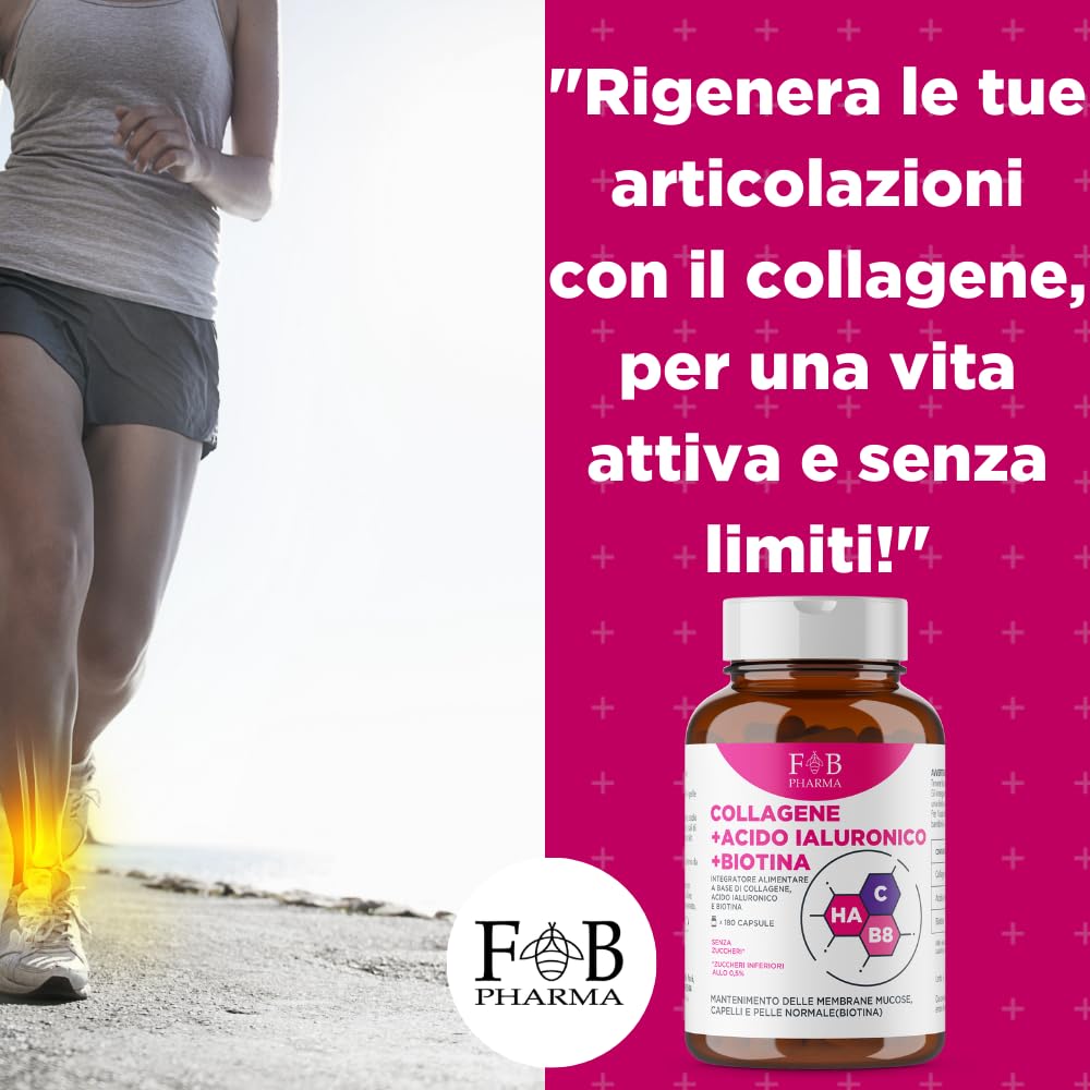 FB Pharma - integratore collagene e acido ialuronico e biotina - 180 capsule - Integratori articolazioni e cartilagine - capelli e pelle - Formula studiata in Italia