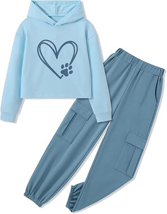 Girls Clothes Heart Print Hoodie Tops Long Sleeve Sweatshirts and Cargo Pants Fall Winter Girls Clothing Sets 6-14