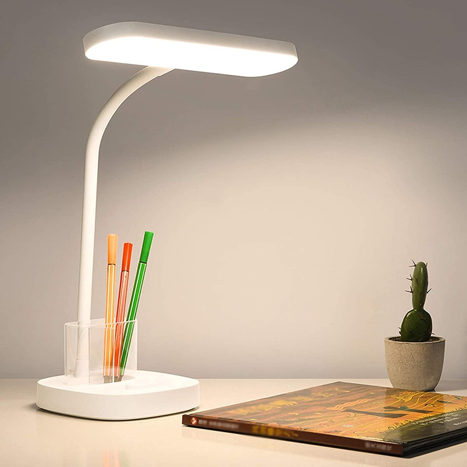 Habrur Klemmleuchte Schreibtischlampe LED-Schreibtischlampe Mit 3 Dimmbarer Helligkeit 180° Flexible Schwanenhals-Schreibtischlampe Mit USB-Ladeanschluss, Stifthalter Leselampe Klemmlampe