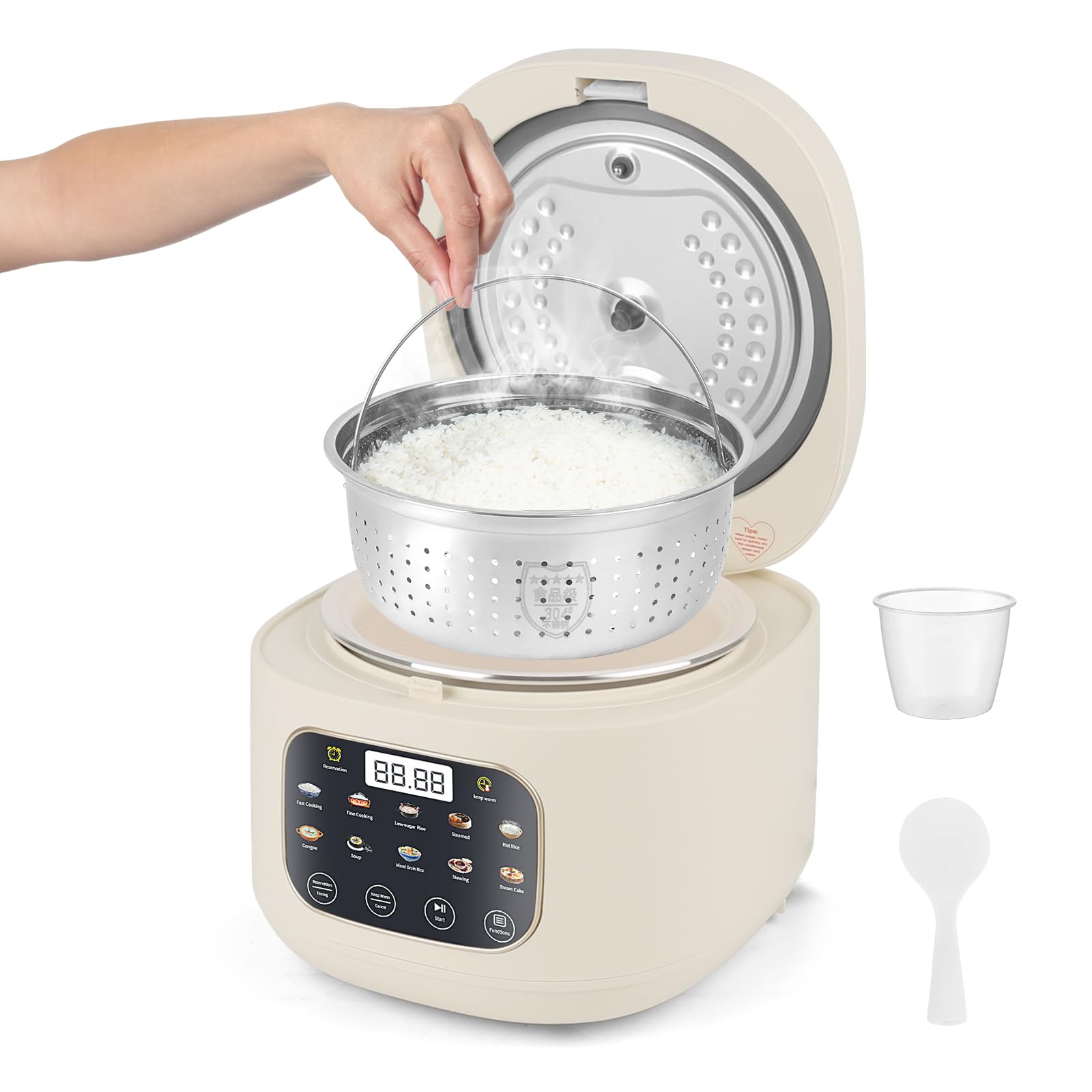 Arrocera eléctrica 3L, Bajo azúcar 10 funciones, Cocción vapor | Olla arrocera multifunción para 3-5 personas con bajo azúcar, vapor, recipiente antiadherente y cesta inox sin BPA
