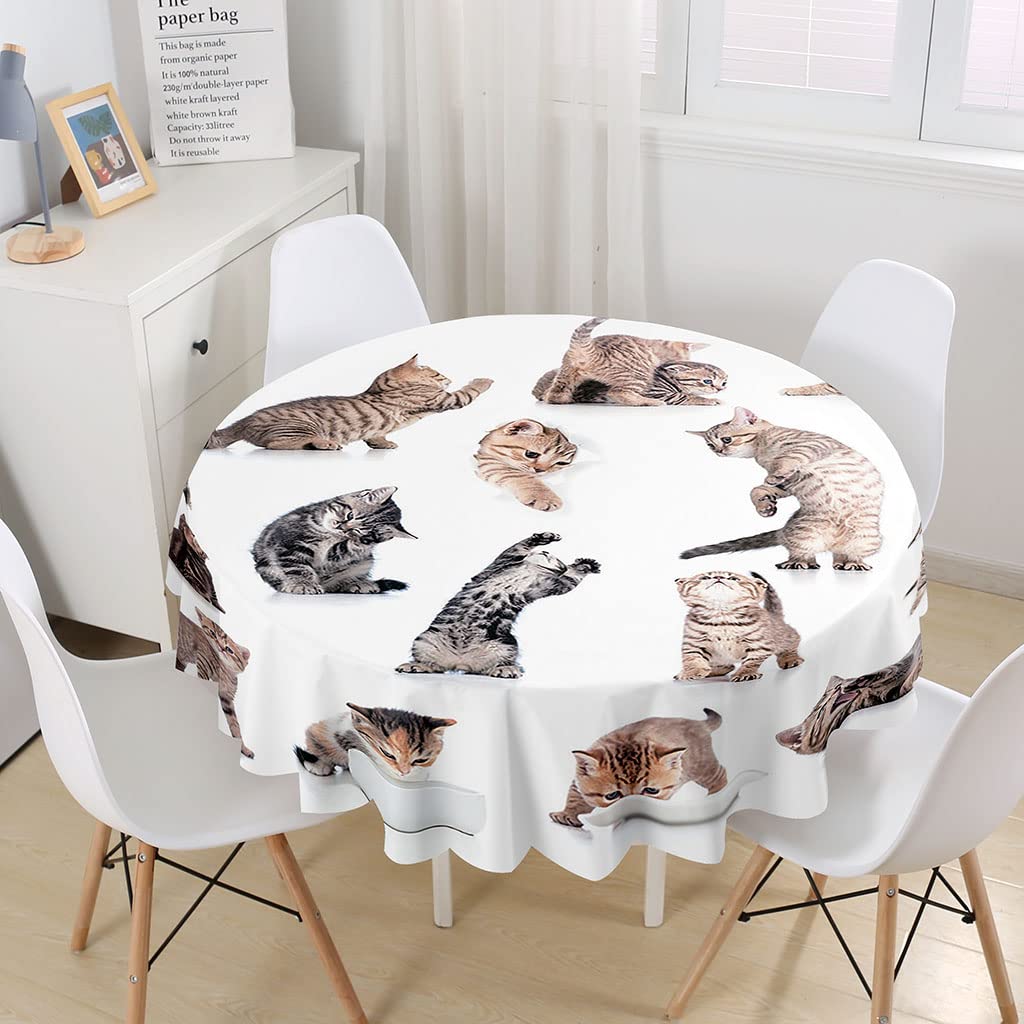 Highdi Round Tablecloth Wipe Clean,3D Animal Print Waterproof Dust-Proof Polyester Circular Table Cover for Dinner Kitchen Holiday Bistro Garden outdoors (150cm,Cat)