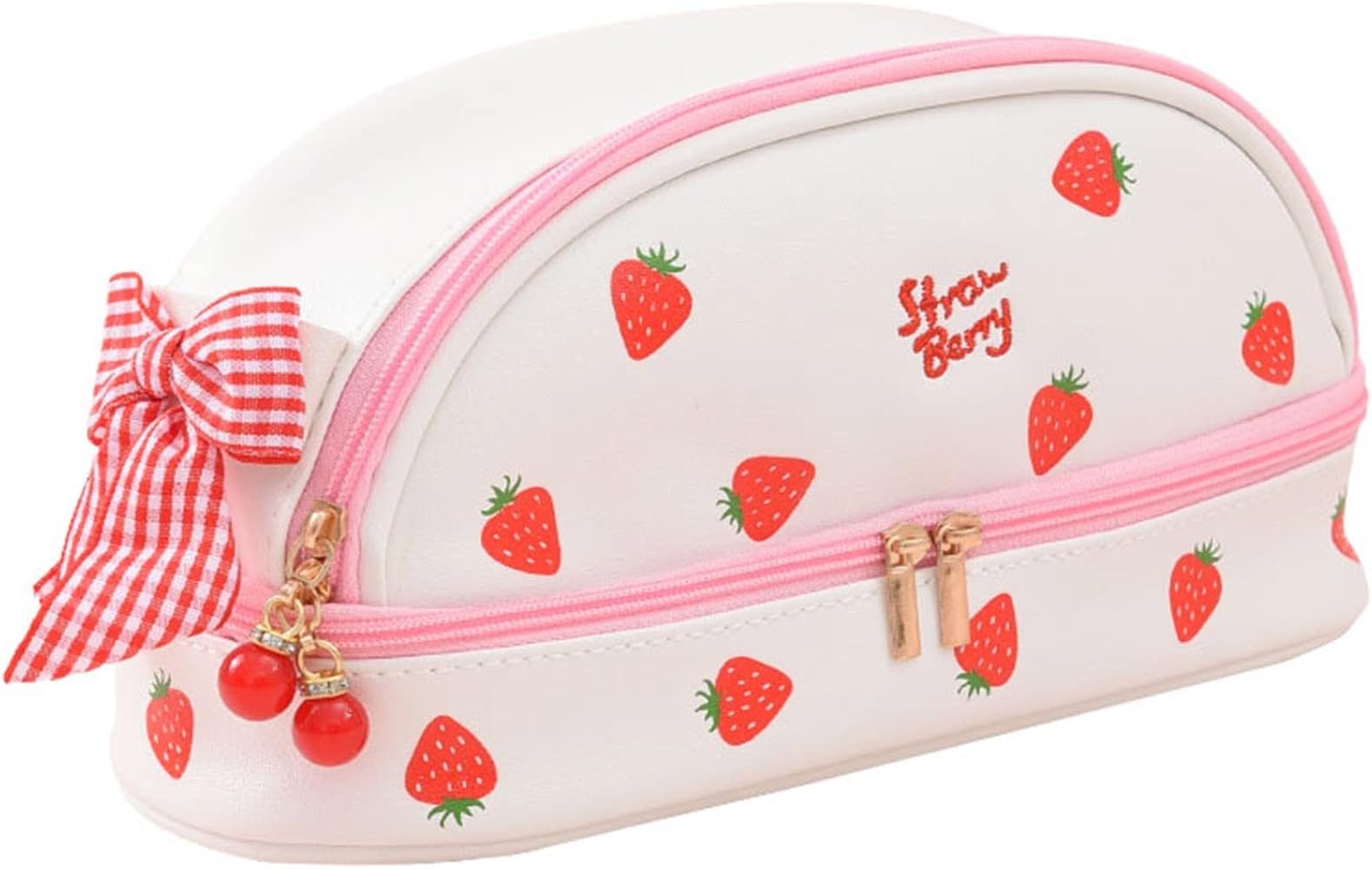 Kawaii Strawberry Pink Pencil Case with Bow School Supplies, White