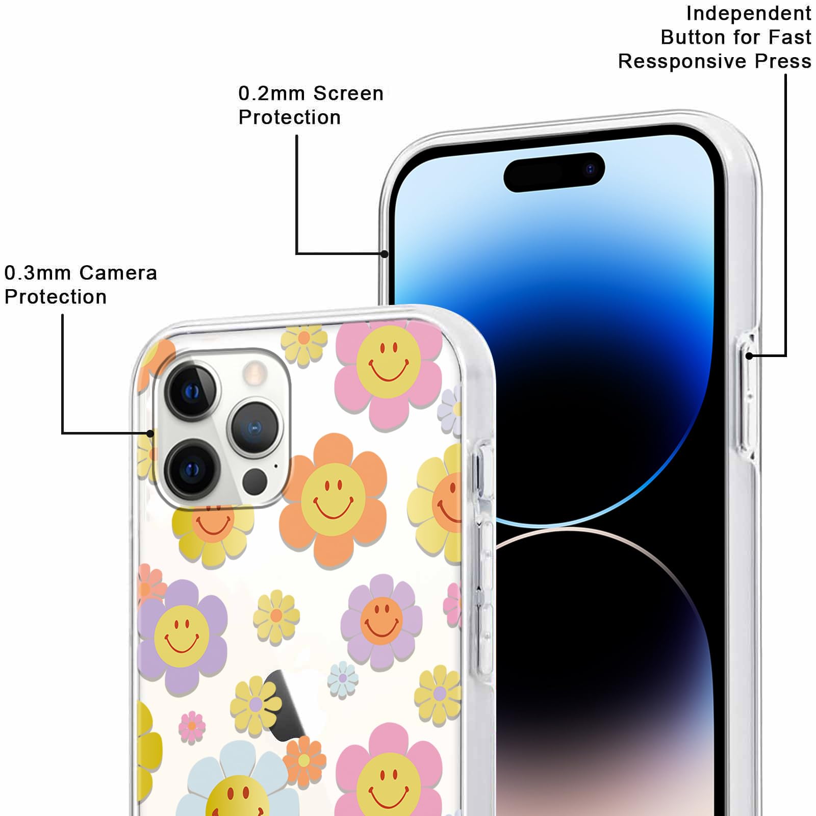 Yoedge 2 Pezzi Cover per iPhone 14 Pro 6,1", Fiori colorati Ultra Sottile Trasparente Morbida TPU Custodia in Silicone Antiurto Antigraffio Protettiva Case con Disegni per Donne per iPhone 14 Pro - Vista 5