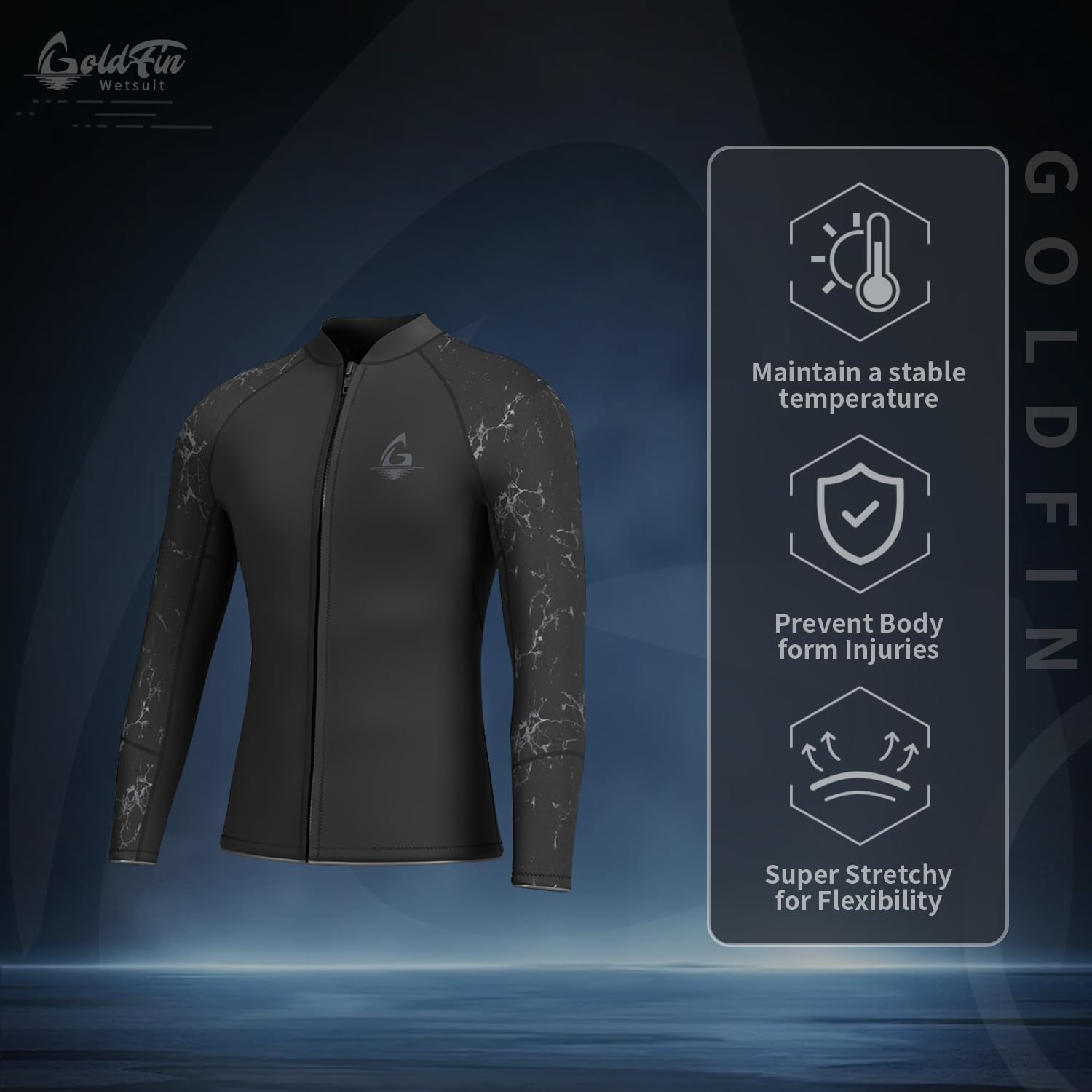 GoldFin Mens Wetsuit Top, 3mm Wetsuits Men Neoprene Jacket Long Sleeve Wet Suits for Water Sports Diving Surfing Kayaking Swimming