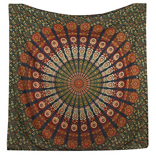 Indian Hippie Bohemian Psychedelic Golden Blue Peacock Mandala Wall Hanging Bedding Tapestry (Golden Green, Queen (84X90Inches)(215X230Cms)) #TOP1