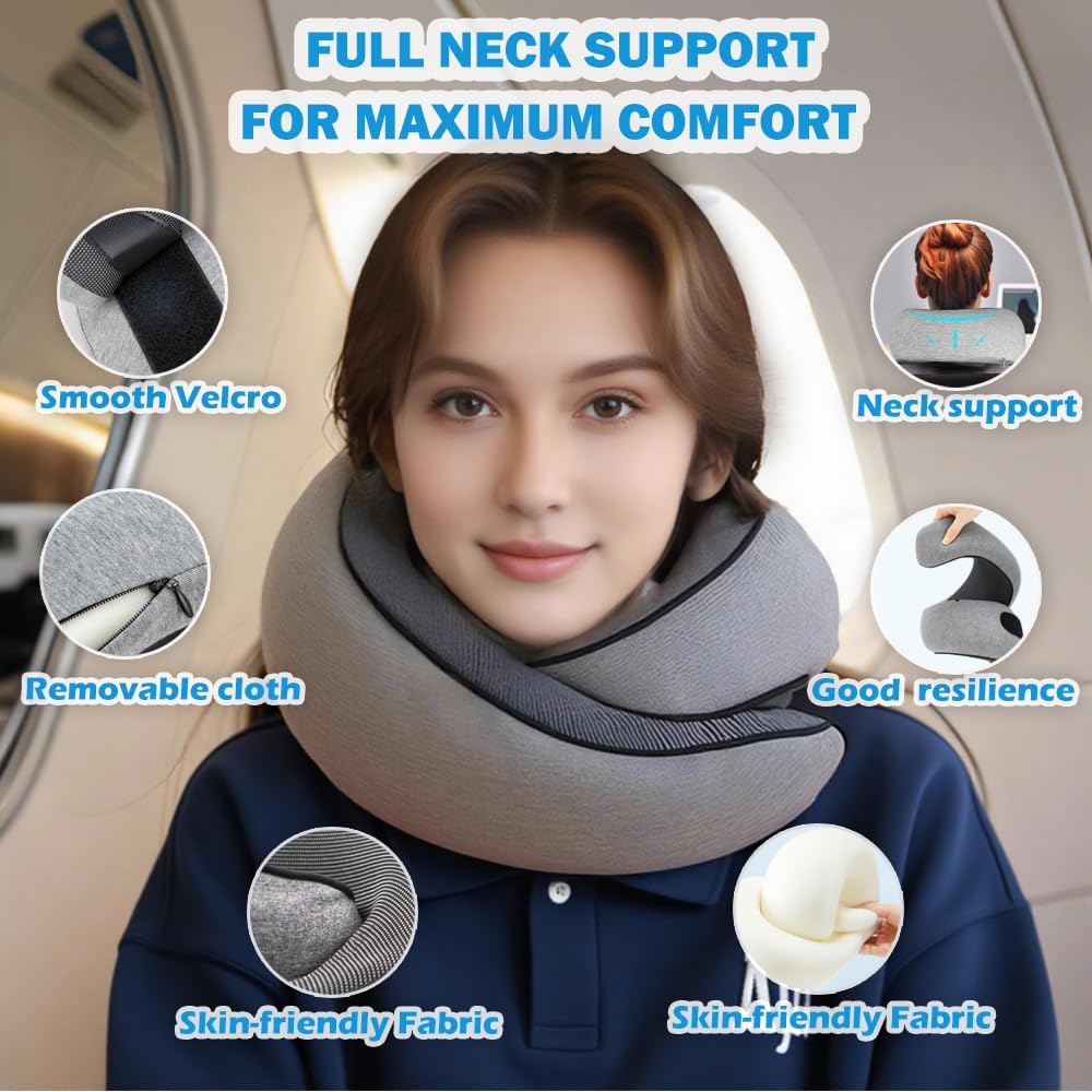 Travel Neck Pillow for Airplane, Adults Memory Foam Neck Pillow, Ergonomic 360° Neck Support for Airplane Car Travel Home Office Sleep, Packable Compact Portable Turtle Pillows(Grey) - Image 3