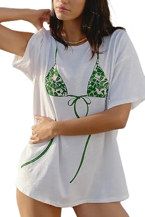 Women Cotton Funny Bikini Print Shirts Y2K Short Sleeve Bra Graphic Oversized T Shirt Loose Fit Casual Tee Tops