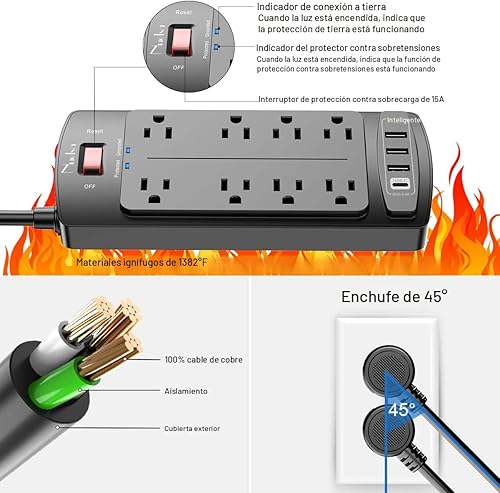 Vista 6 de Regleta de Protección contra Sobretensiones - Nuetsa Cable de Extensión de Enchufe Plano con 8 Tomas y 4 Puertos USB, Cable de Alimentación de 6