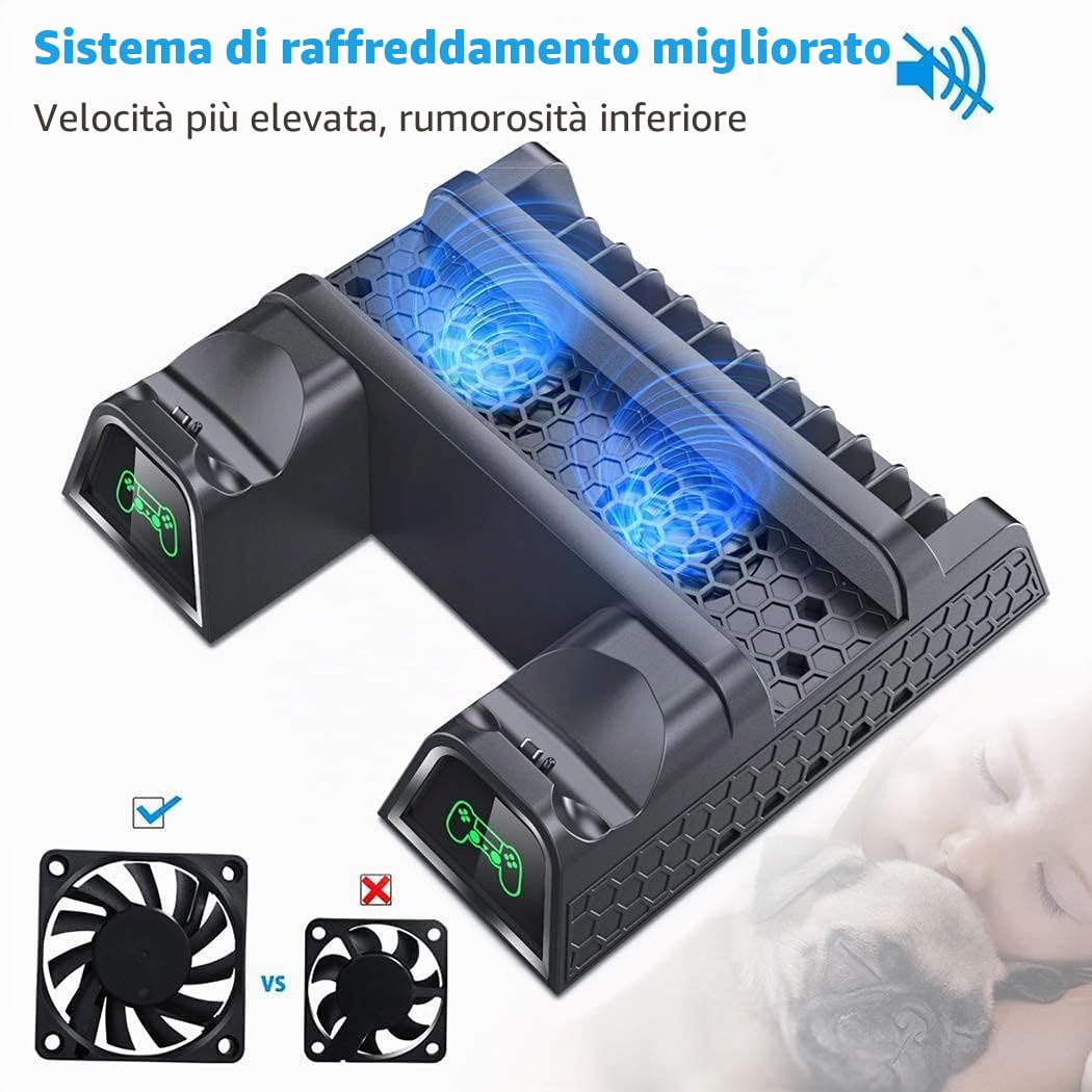 OIVO PS4 Supporto Verticale con Ventola di Raffreddamento, Stazione di Ricarica per Dual Controller con Indicatori LED e Conservazione per 12 Giochi per PS4 /Slim/PRO