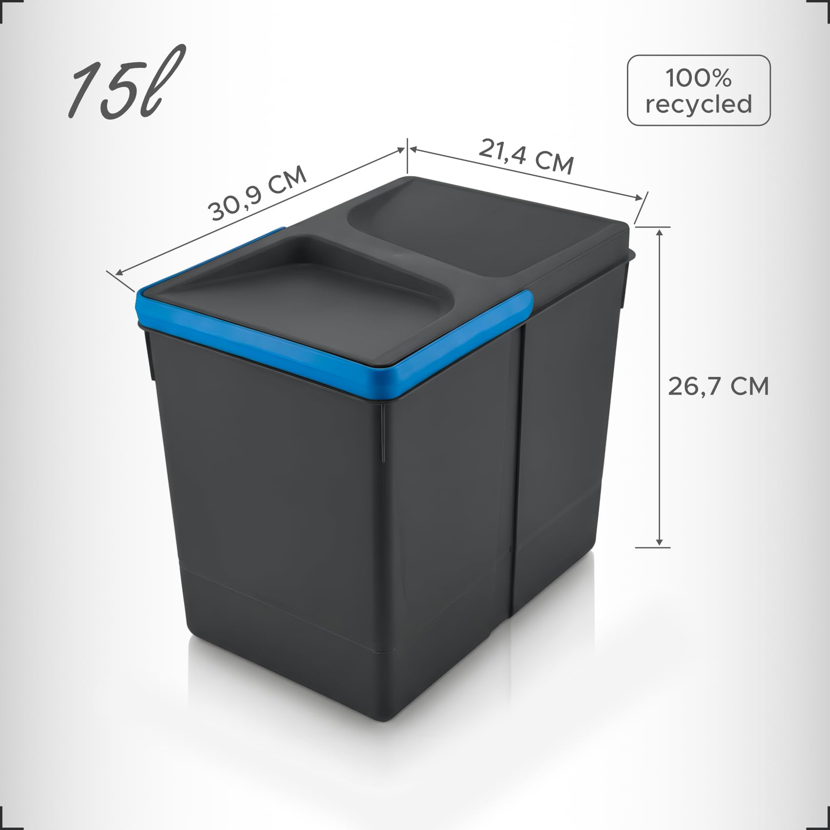 Contenitori raccolta differenziata, 2x15l & 2x6l, pattumiera da cassetto, antracite, salvaspazio da interno, cestini cucina
