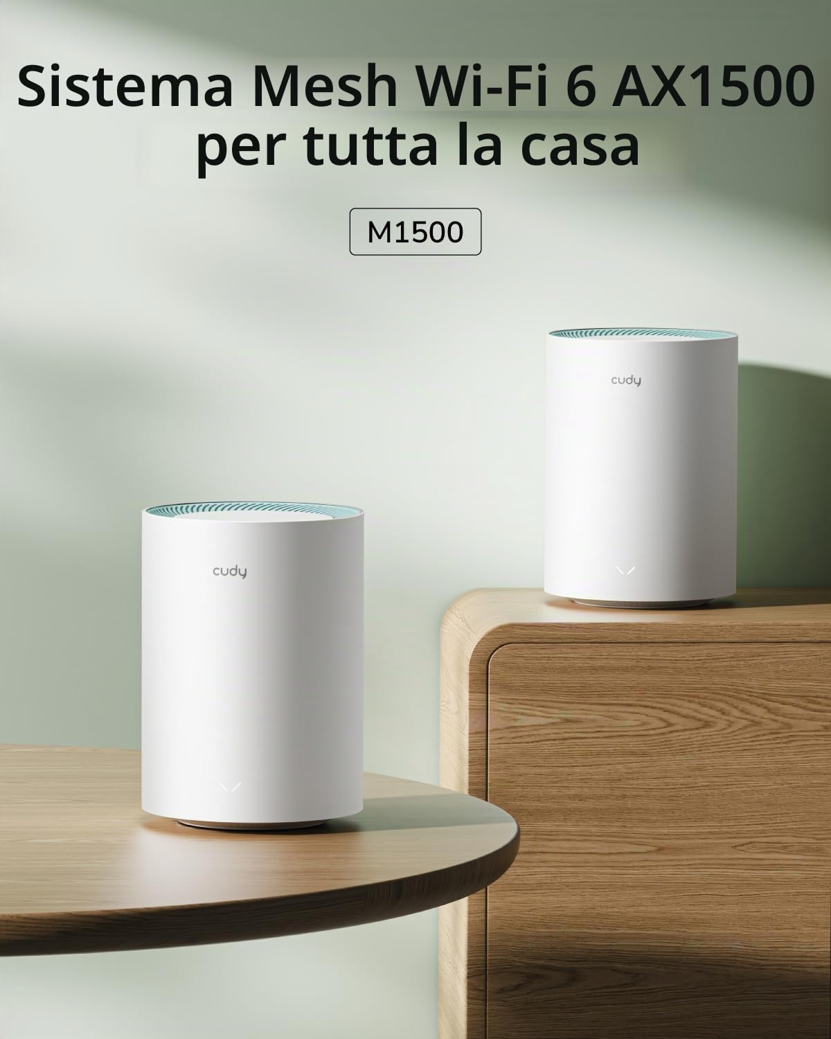 Sistema Wi-Fi mesh Cudy Dual Band AX1500 WiFi 6, sostituisce router ed estensori, copre fino a 170 m², 3 porte Gigabit per unità, supporta backhaul Ethernet, confezione da 2 M1500