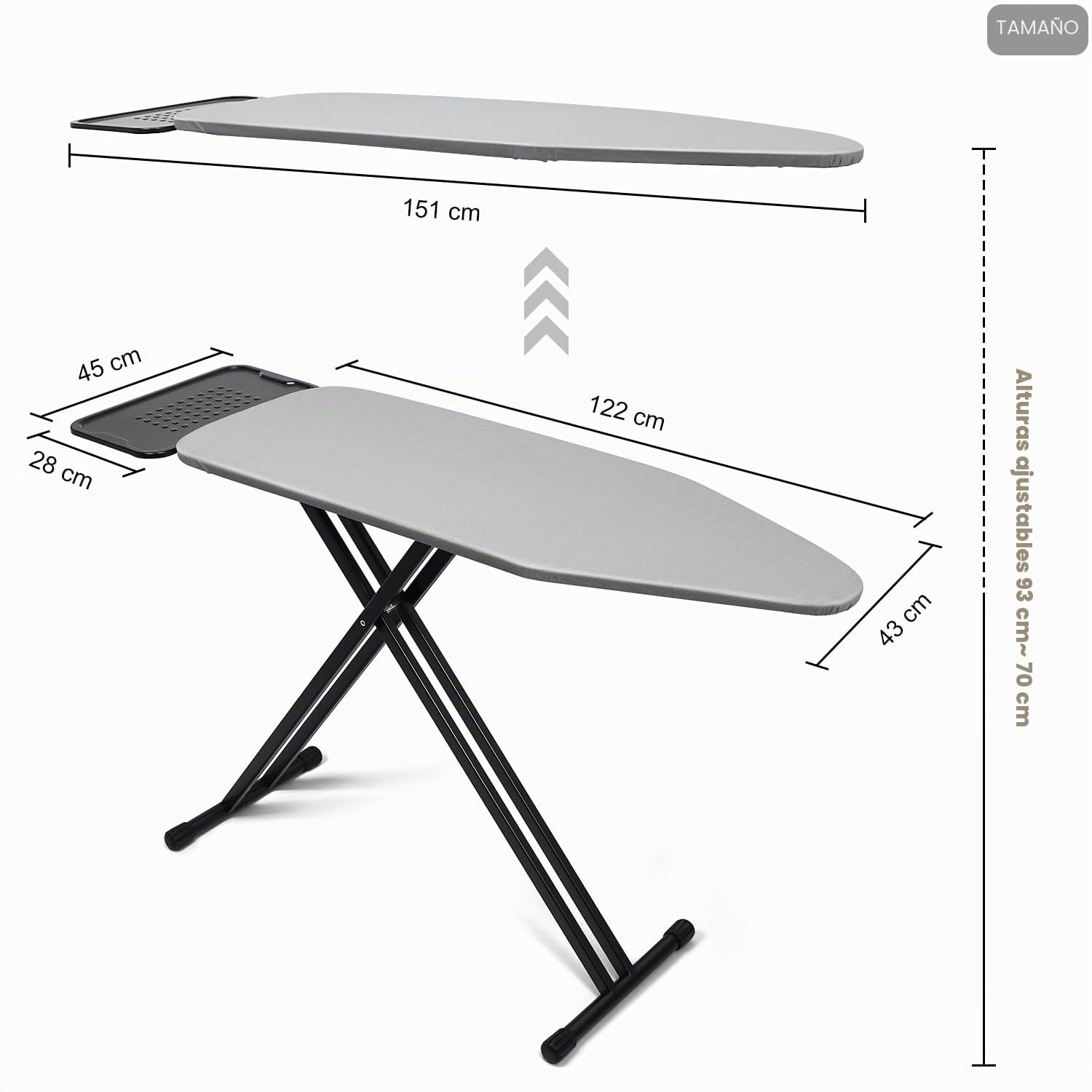 Duwee Tabla de planchar extragrande con gran soporte para plancha de vapor, cubierta metálica resistente al calor con acolchado grueso de doble capa, altura ajustable, patas resistentes y plegable