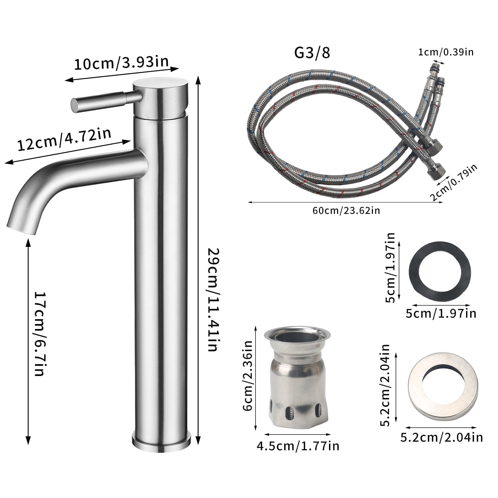 Mitigeur Lavabo Salle de Bain Haut Robinet Salle de Bain Brossé | Robinet Salle Bain avec Bec Hauteur 170mm Robinet de lavabo haut Mitigeur Salle Bain Contrôle de l'eau Chaude et Froide