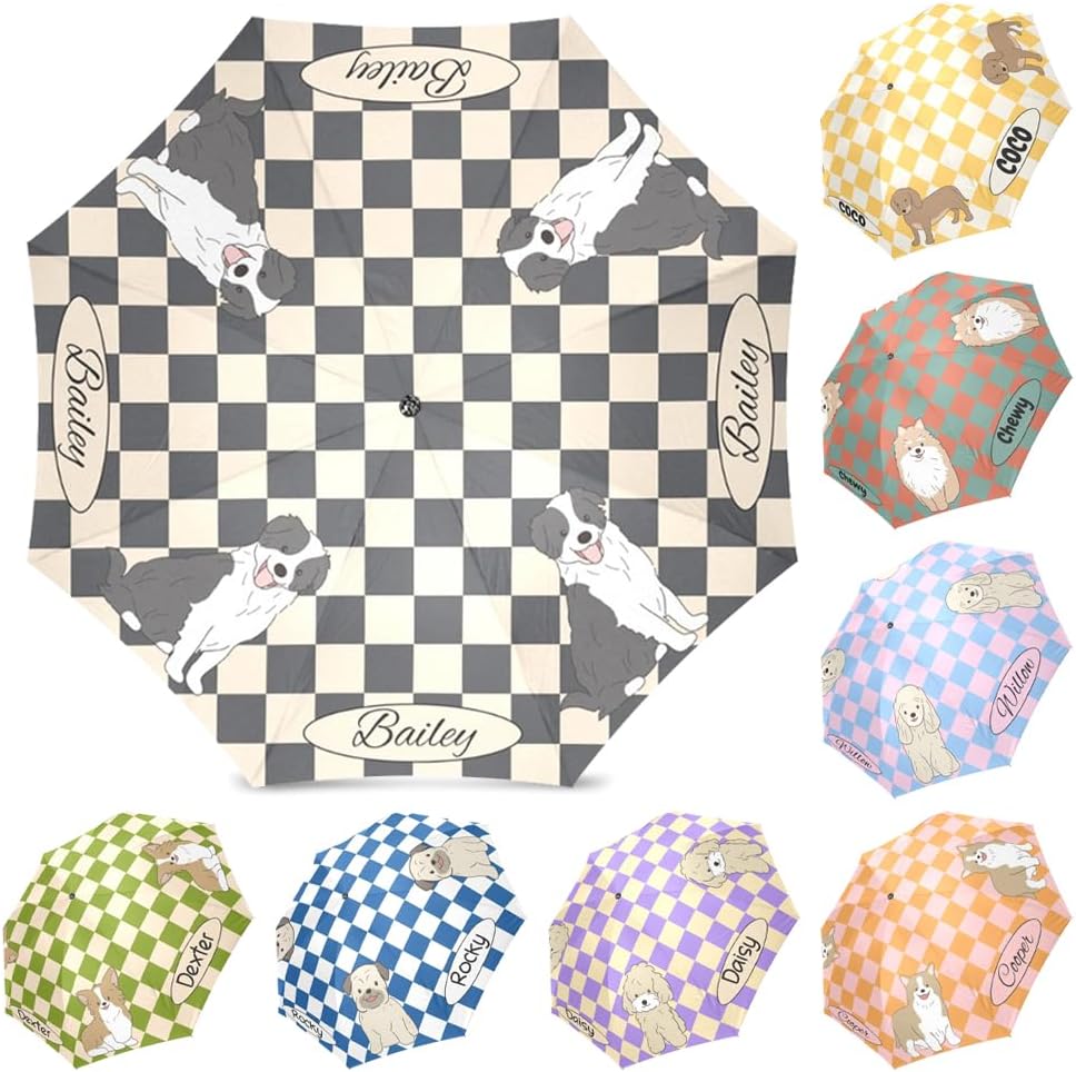 Personalized Custom Dog Name Umbrella Personalized Cute Puppy Name Umbrella Checkerboard-Pattern Compact Travel Umbrella Folding Windproof Rain & Sun Umbrella Funny Gift for Men Women Mom Dad