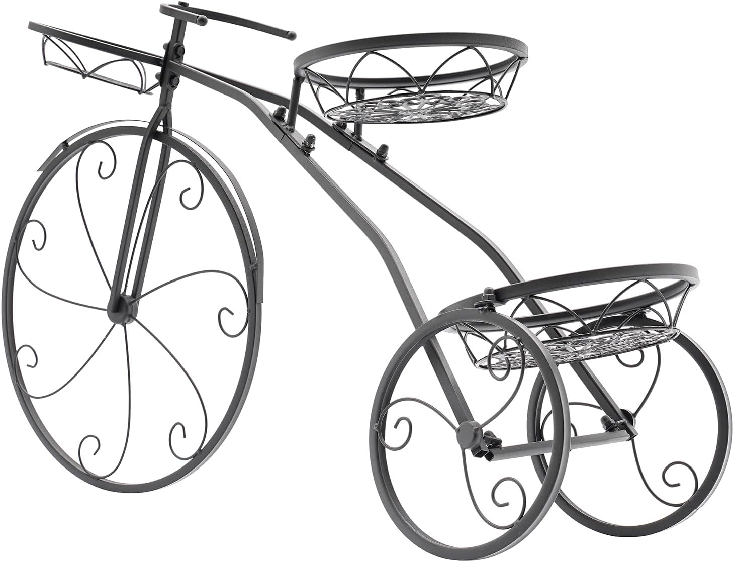 Bicycle Planter Stand, Three-wheeled Plant Stand, Plant Stand, Plant Corner Shelf, Metal Flower Pot Cart Holder with 3 Plant Bucket Outdoor Decorative for Patio, Deck, Garden or Lawn
