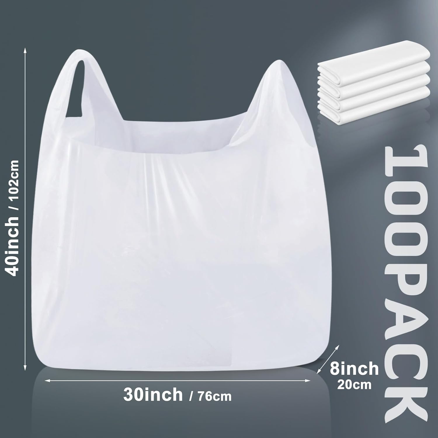 100 Pack 40" x 30" x 8" Extra Large White Plastic Shopping Bags(0.8 Mil Thick) Reusable Heavy Duty Large T-shirt Grocery Bags Bulk with Handles for Restaurant, Retail, Business
