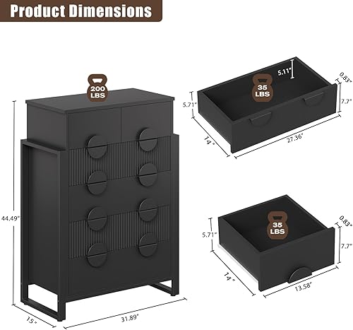 Vista 3 de LGHM Cómoda acanalada para dormitorio con 6 cajones, cómoda moderna de 6 cajones con semicilindro acanalado, cómoda sólida de 44.5 pulgadas de alto