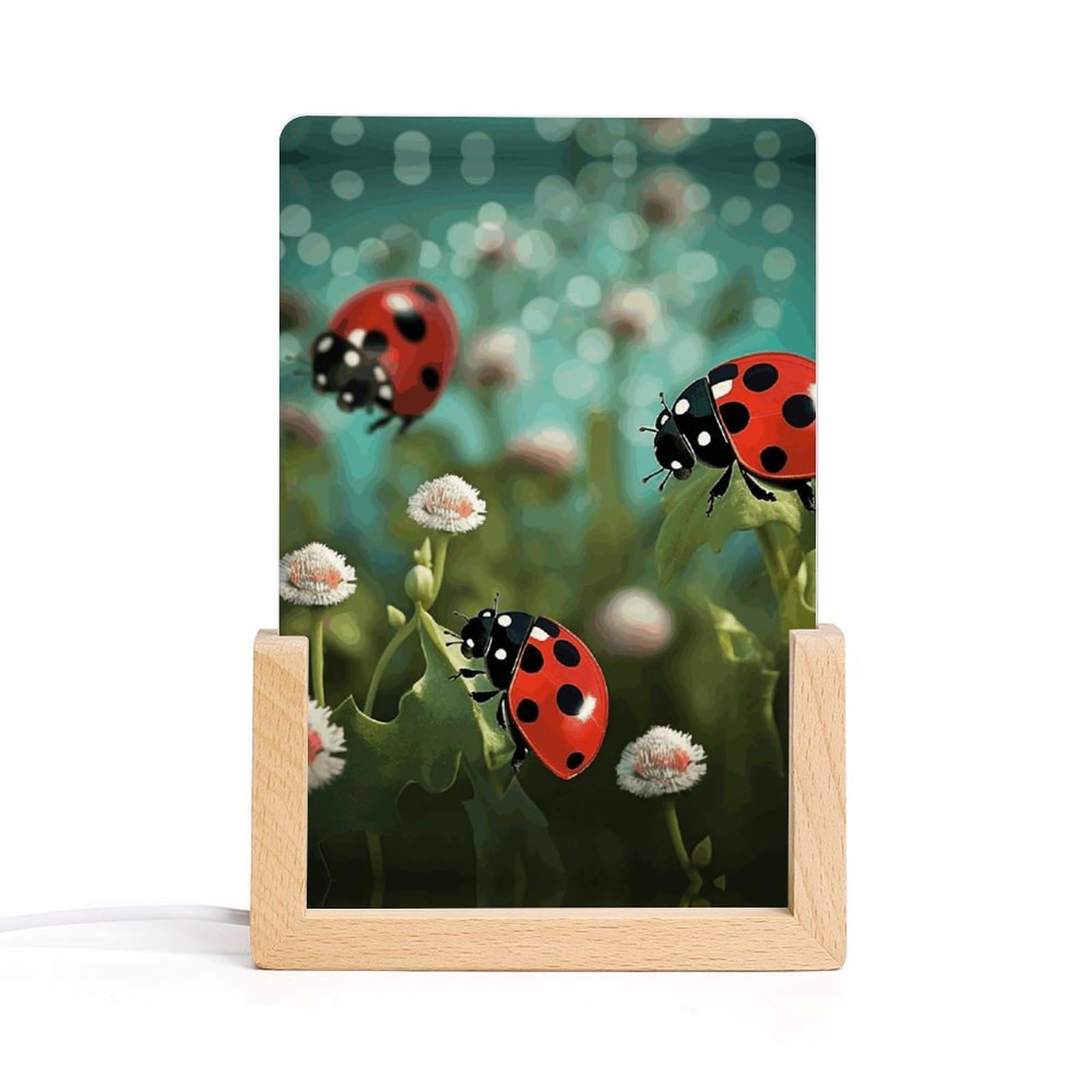 JTREHY Acrylic Night Light,Ladybug Landscape Printed Wooden Base LED Night Light Modern Home Decoration Light with USB Switch Cable for Bar Cafe Bedroom Room Decoration