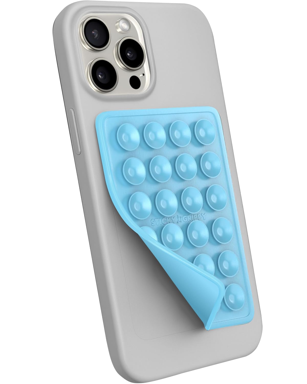 StickyGrippy Sillicon - Supporto a ventosa per telefono cellulare, accessorio adesivo per iPhone e Android, presa forte, per doccia, video Tiktok e selfie (blu perlato)