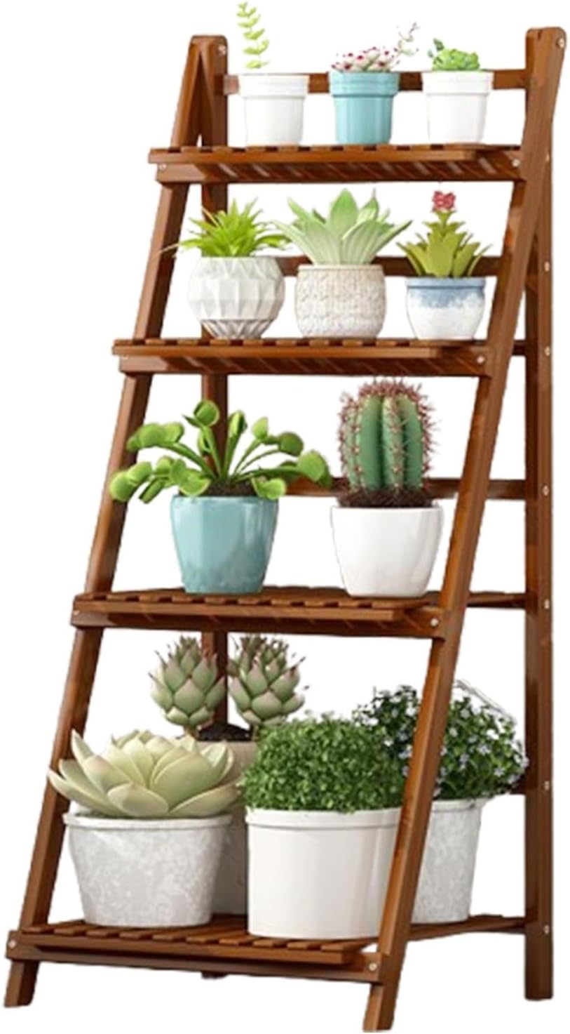 4 Tier Wood Plant Stand, Foldable Ladder Flower Pot Plant Shelves, Display Plant Rack for Window Garden Balcony Living Room(122x45x50cm)