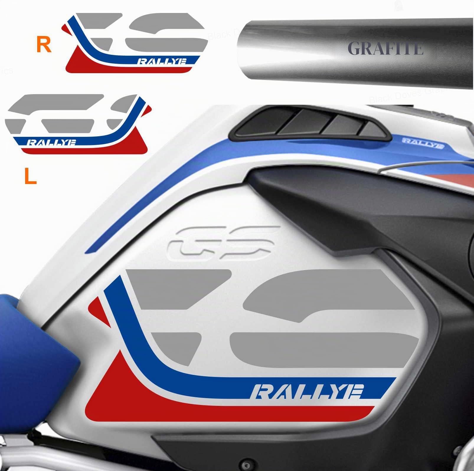 n.2 Adesivi per Fiancate Serbatoio compatibile con/sostitutivo BMW Motorrad R 1200 1250 GS Adventure LC RALLYE (Graphite-Blu-Rosso)