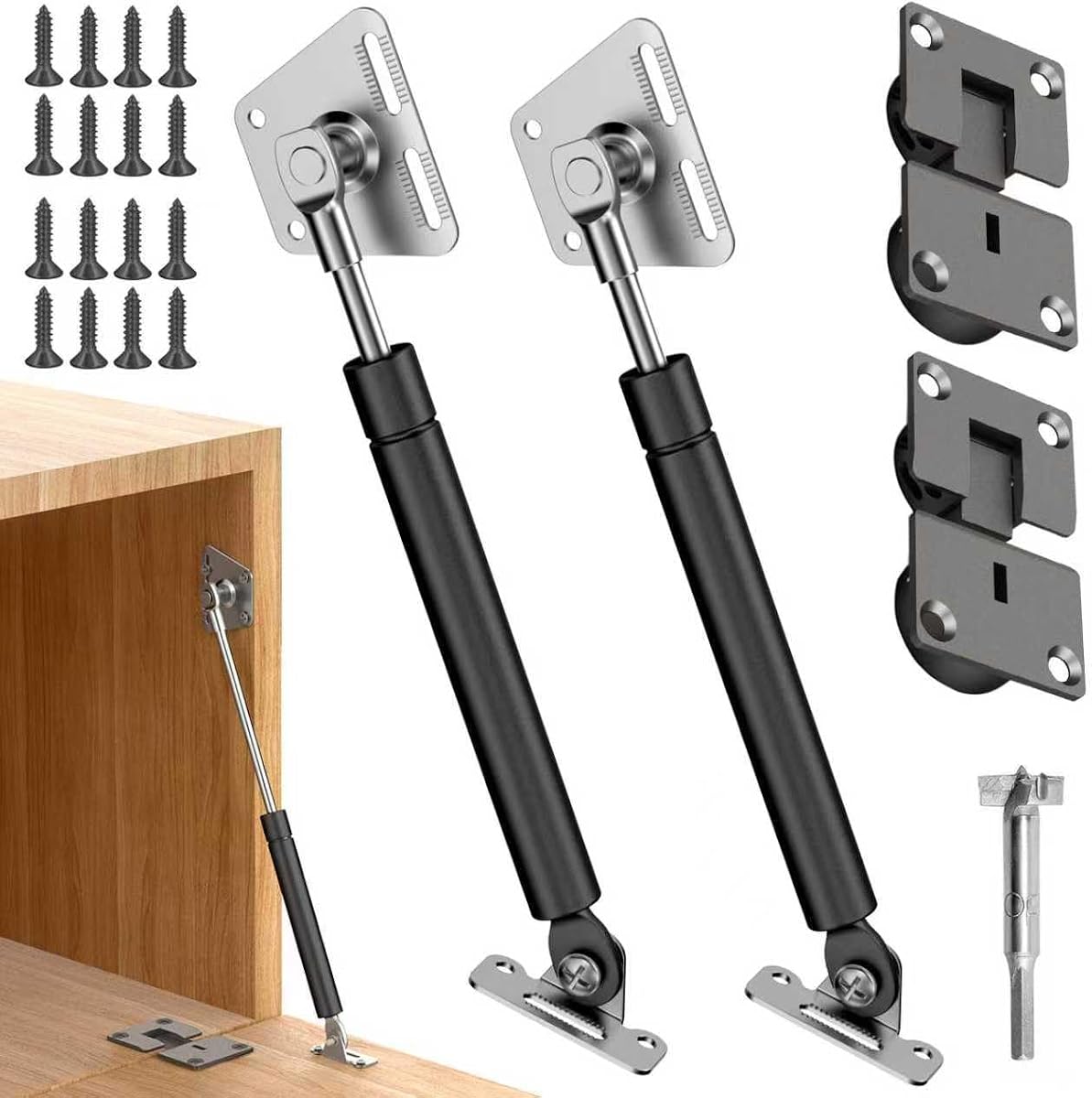 Drop Down Cabinet Gas Spring Hinges 100N 22lbs Soft Close 90°, 2 Pack | Black zinc alloy, kitchen/storage/RV cabinet doors, damped 90° opening, holds 22 lbs, kit with hinges screws