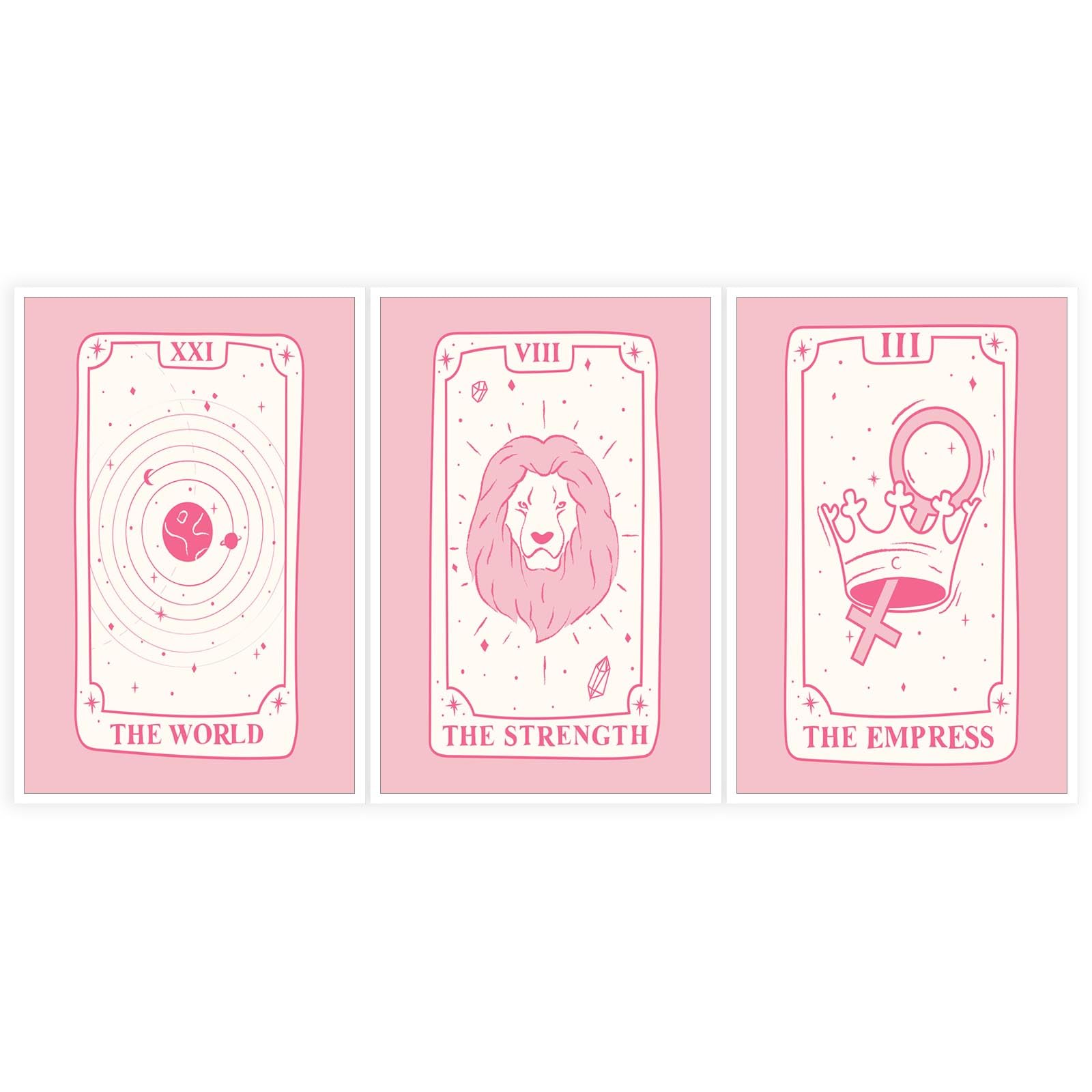 TYOHU The World The Strength The Empress Tarot Canvas Wall Art Vintage Pink Tarot Posters Trendy Celestial Wall Art Set Of 3 Mystical Funny Aesthetic Prints Painting 12x16in Unframed