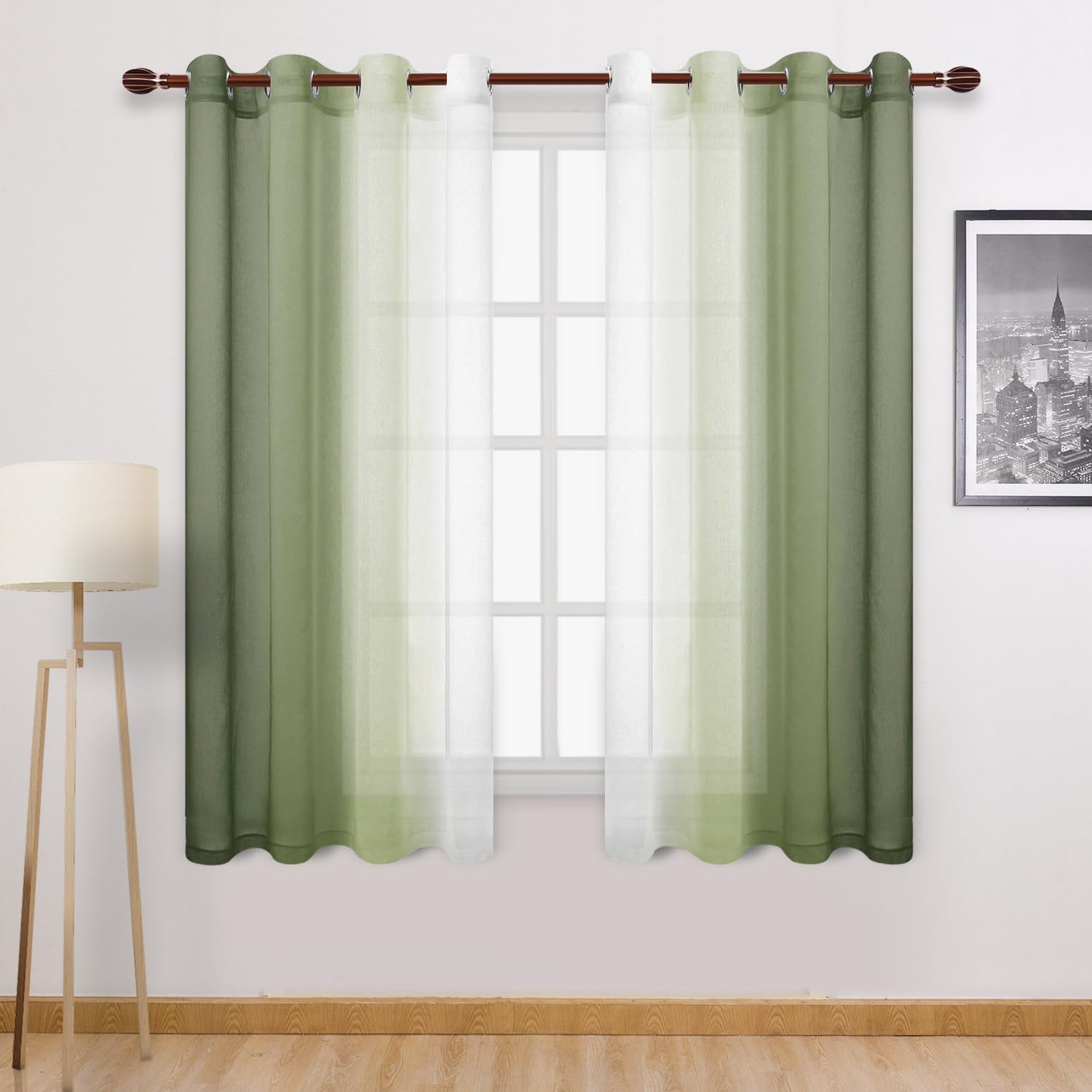 DWCN Ombre Sheer Curtains - 63 Inch Long Short Faux Linen Semi Voile Grommet Top Gradient Curtains for Bedroom and Living Room, Set of 2 Window Curtain Panels, 52 x 63 Inch Length, Light Olive Green