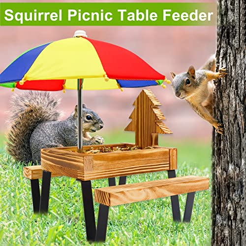 Squirrel Feeder, Squirrel Picnic Table Feeder For Outside With Umbrella Benches Carbonized Wood Bird Chipmunk Feeder Picnic Solid Structure Hanging Corn Cob Holder Snacks Peanuts Pet Gifts #TOP3