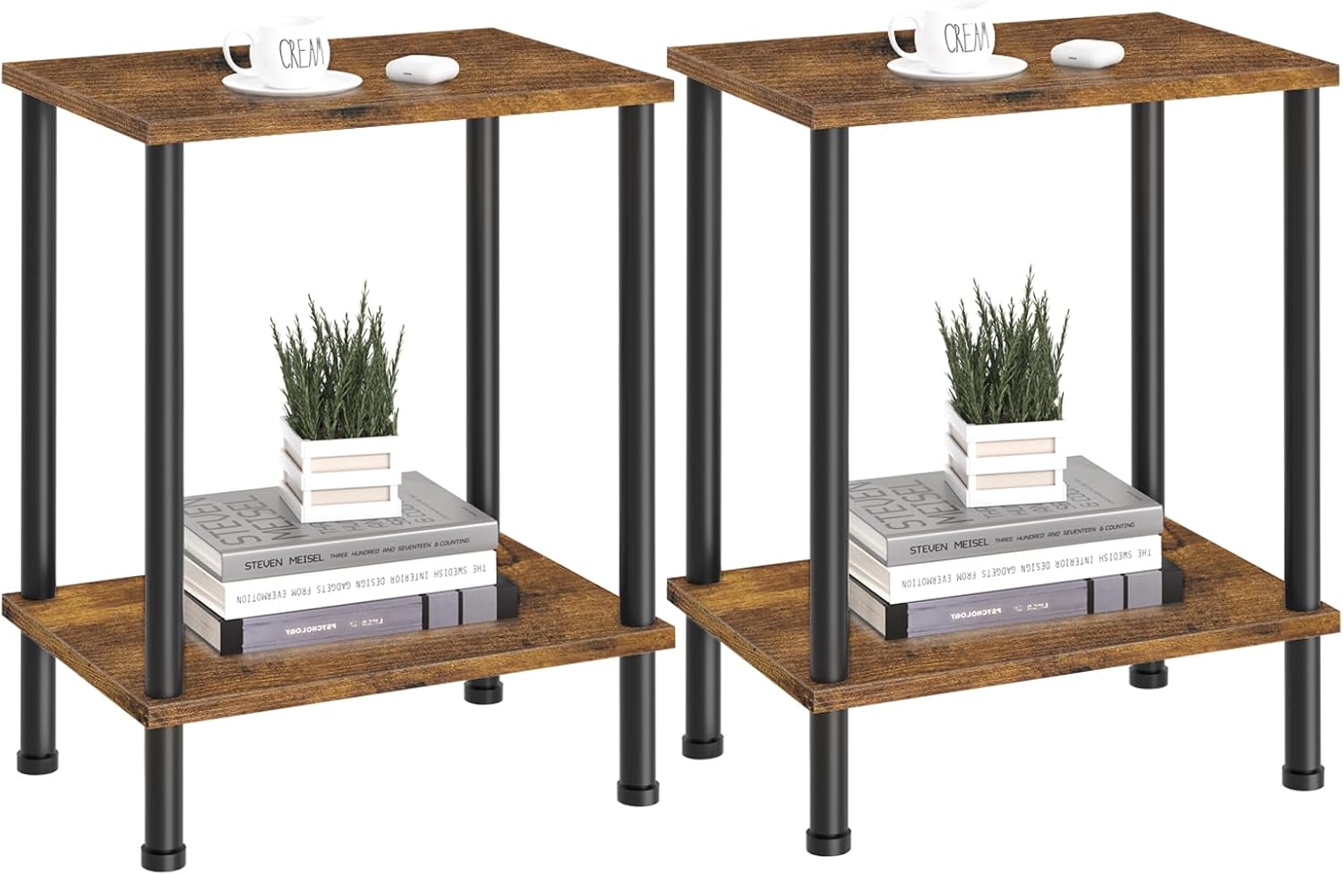 End Table,Small Side Table,2-Tier Nightstand with Storage Shelf,Sofa Bedside Table for Small Spaces in Living Room,Bedroom, Office,Stable Frame,Easy Assembly,Rustic Brown Brown 2pcs No Plug
