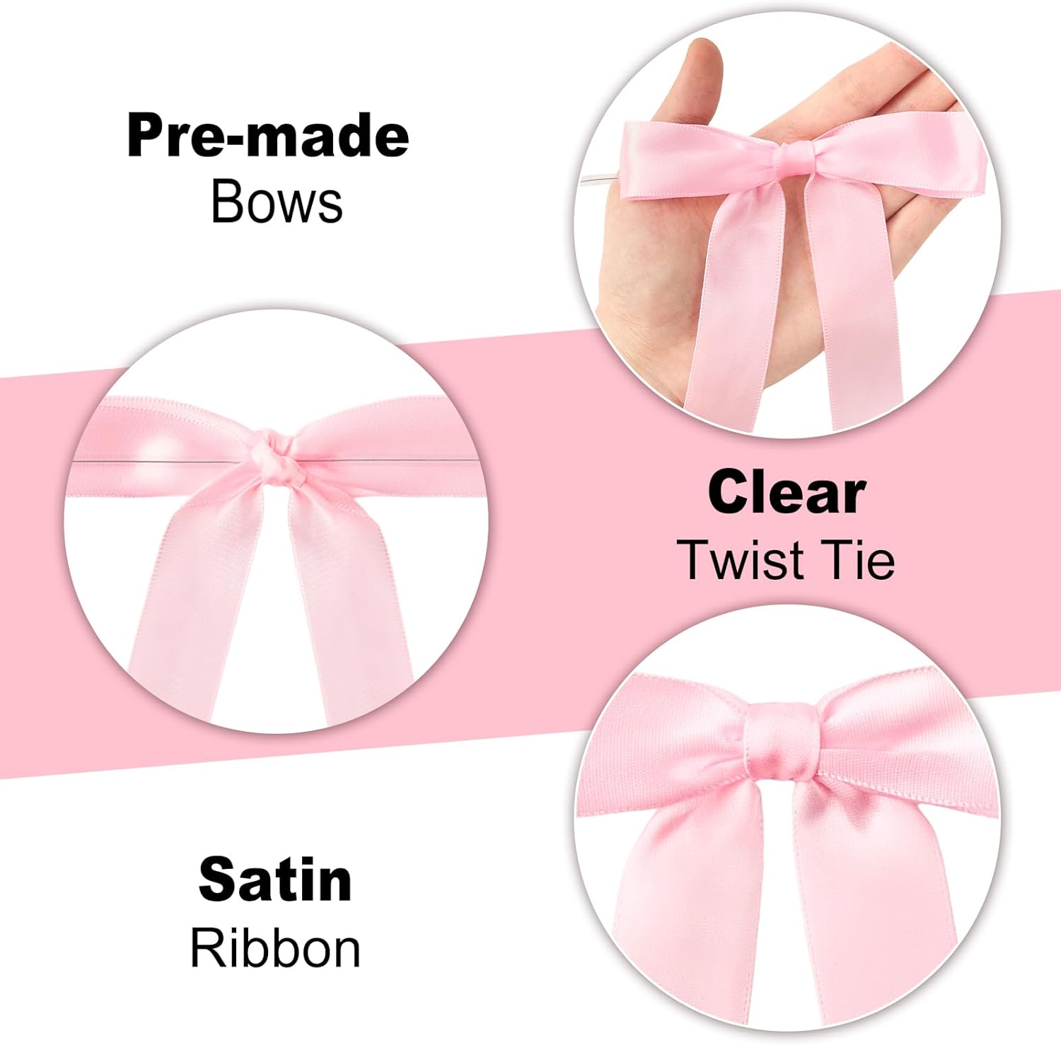 50 Pcs Pink Satin Ribbon Bow, 4.7 x 7.1 Inch Large Premade Twist Tie Bow Decor for Crafts Gifts Wrapping Treat Bags Package Party Favors Wedding Birthday Baby Shower Decorations - Image 3