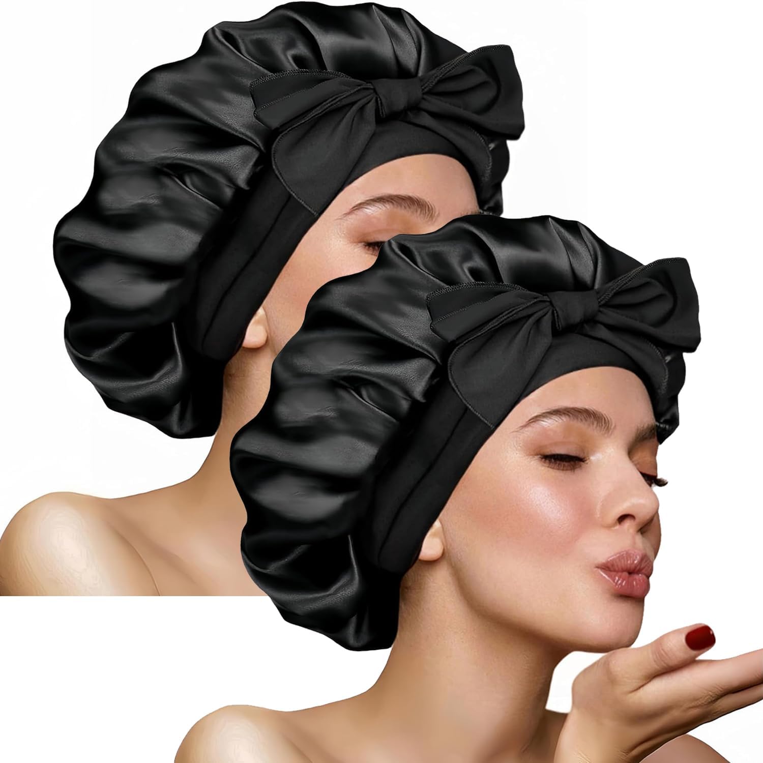 FOLAI 2 Stück Schlafmütze Satin Bonnet seidenhaube zum schlafen Nacht Schlaf Mütze Verstellbare Schlafkappe Kopfbedeckung Weiche Kopfhaube Schlafhaube Seide mit Gummizug für Damen und Mädchen(Schwarz)